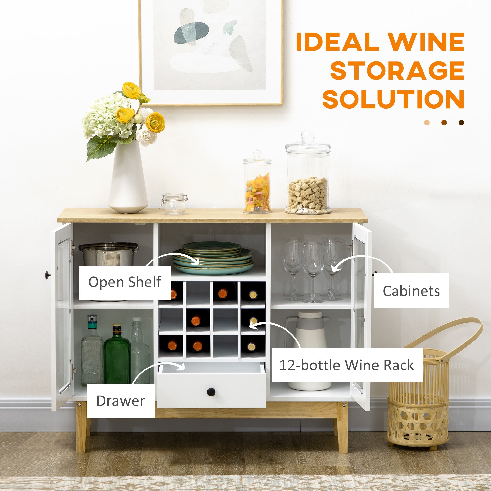 Bar Cabinet with Storage in 12 Bottle Wine Rack Sideboard Buffet Cabinet for Kitchen & Dining Room White