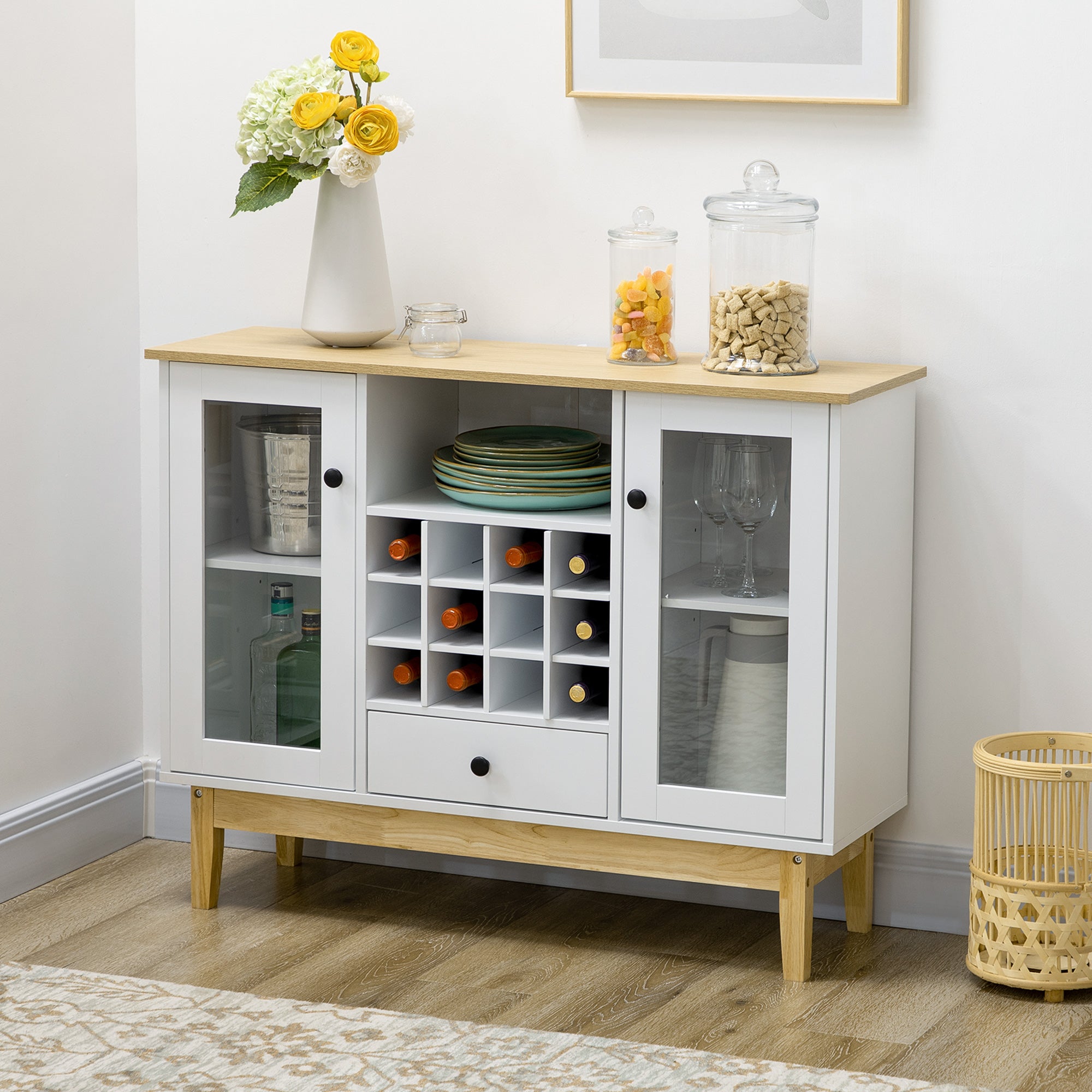 Bar Cabinet with Storage in 12 Bottle Wine Rack Sideboard Buffet Cabinet for Kitchen & Dining Room White