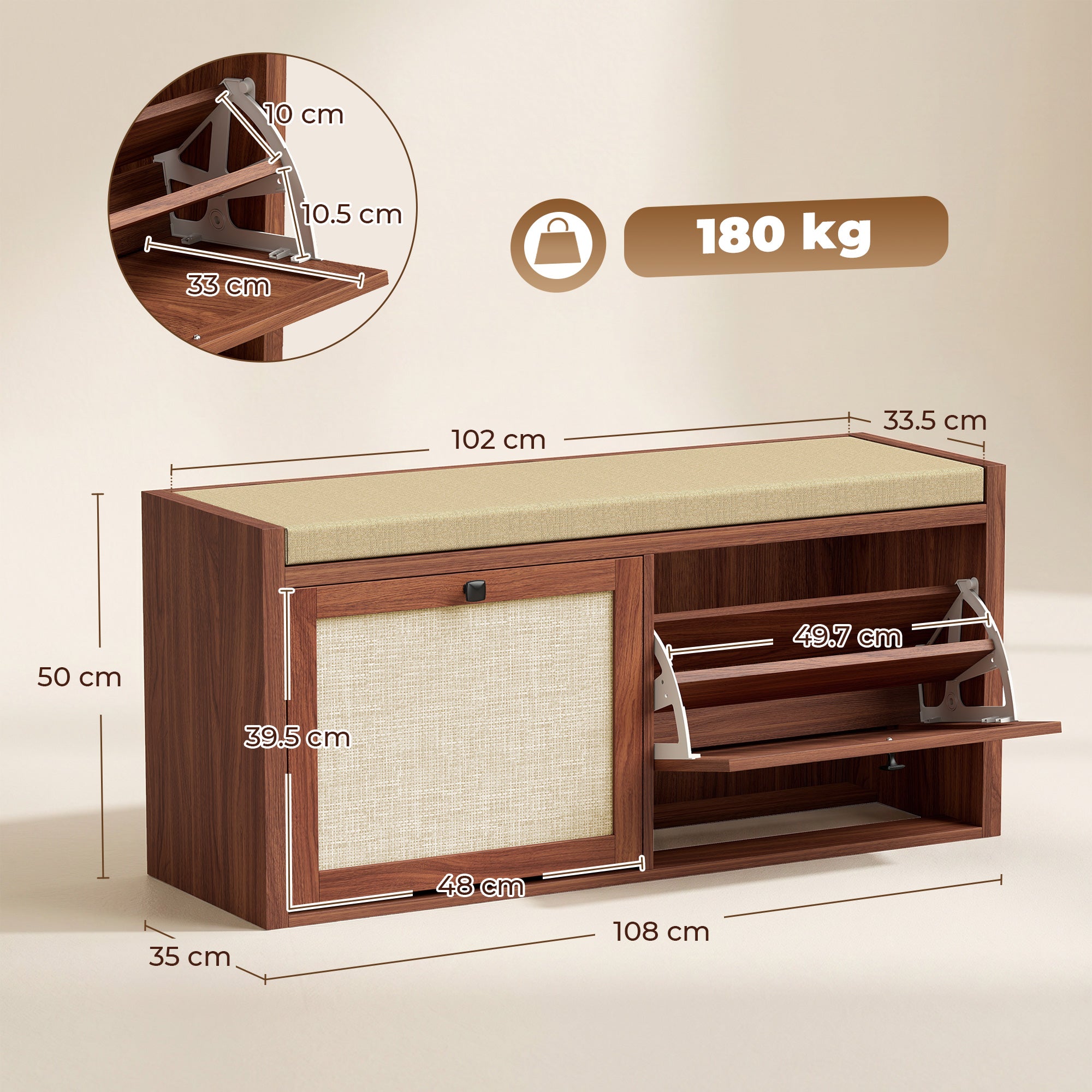 Shoe Bench with 2 Rattan Doors, Shoe Storage Bench with Padded Cushion Seat for Hallway, Living Room, Bedroom, Brown