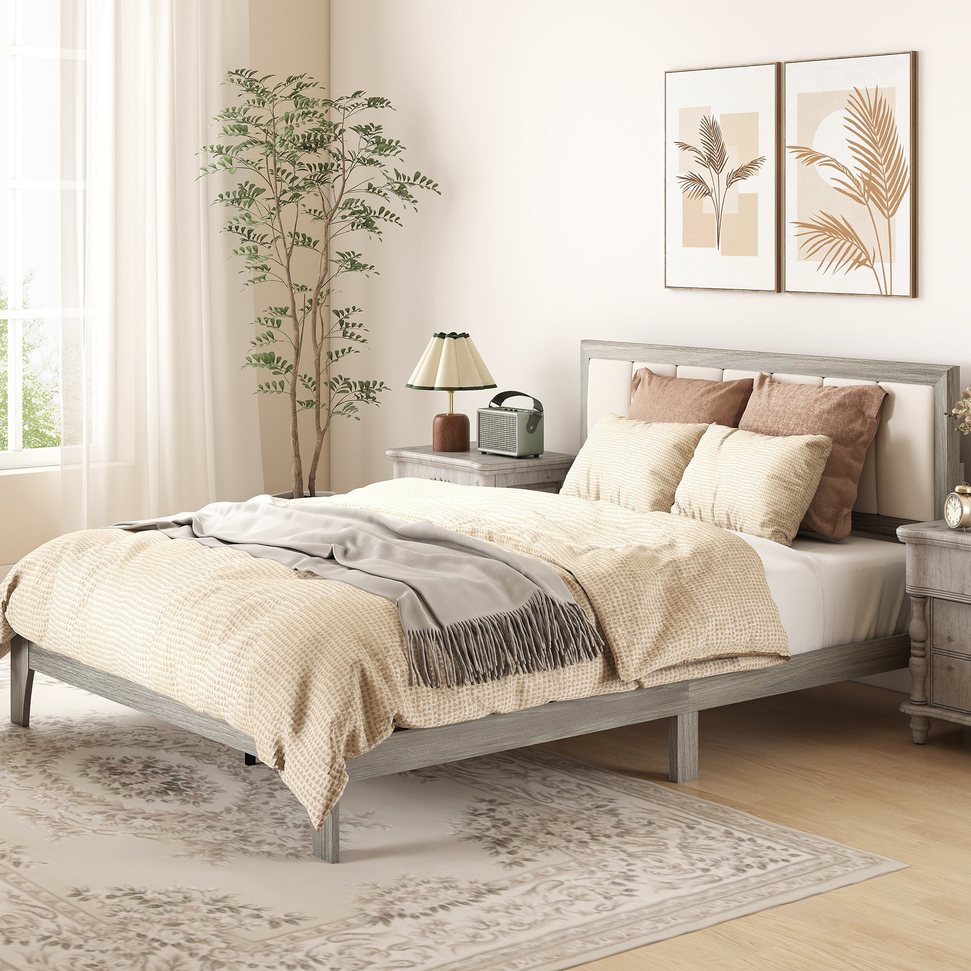 Queen Size Bed Frame with Upholstered Headboard, Platform Bed Frame with Wooden Slats, No Box Spring Needed, Easy Assembly, Gray