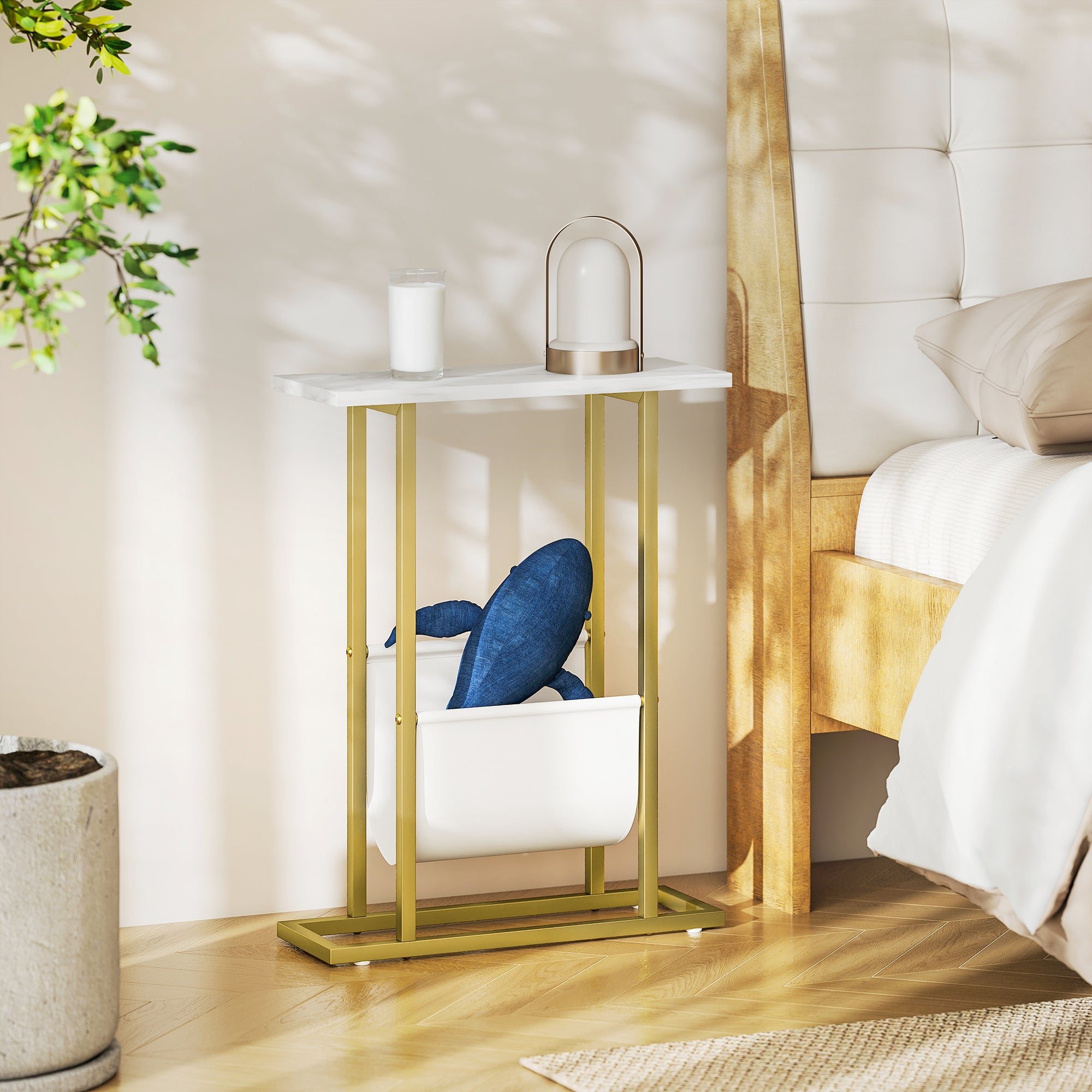 Narrow Side Table, Slim End Table with Magazine Holder, Modern Nightstand for Small Spaces, Living Room, Bedroom, 45 x 18 x 58.5 cm, White Marble Grain