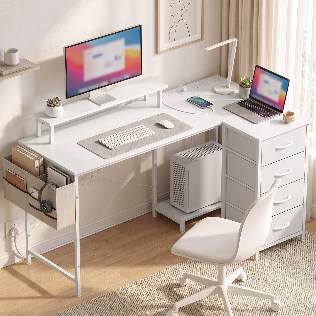 Reversible L Shaped Desk with Drawers, 150 x 80 cm Corner Computer Desk with Power Outlets & USB Ports, Monitor Shelf, Home Office Workstation, PC Stand for Gaming, Study, White