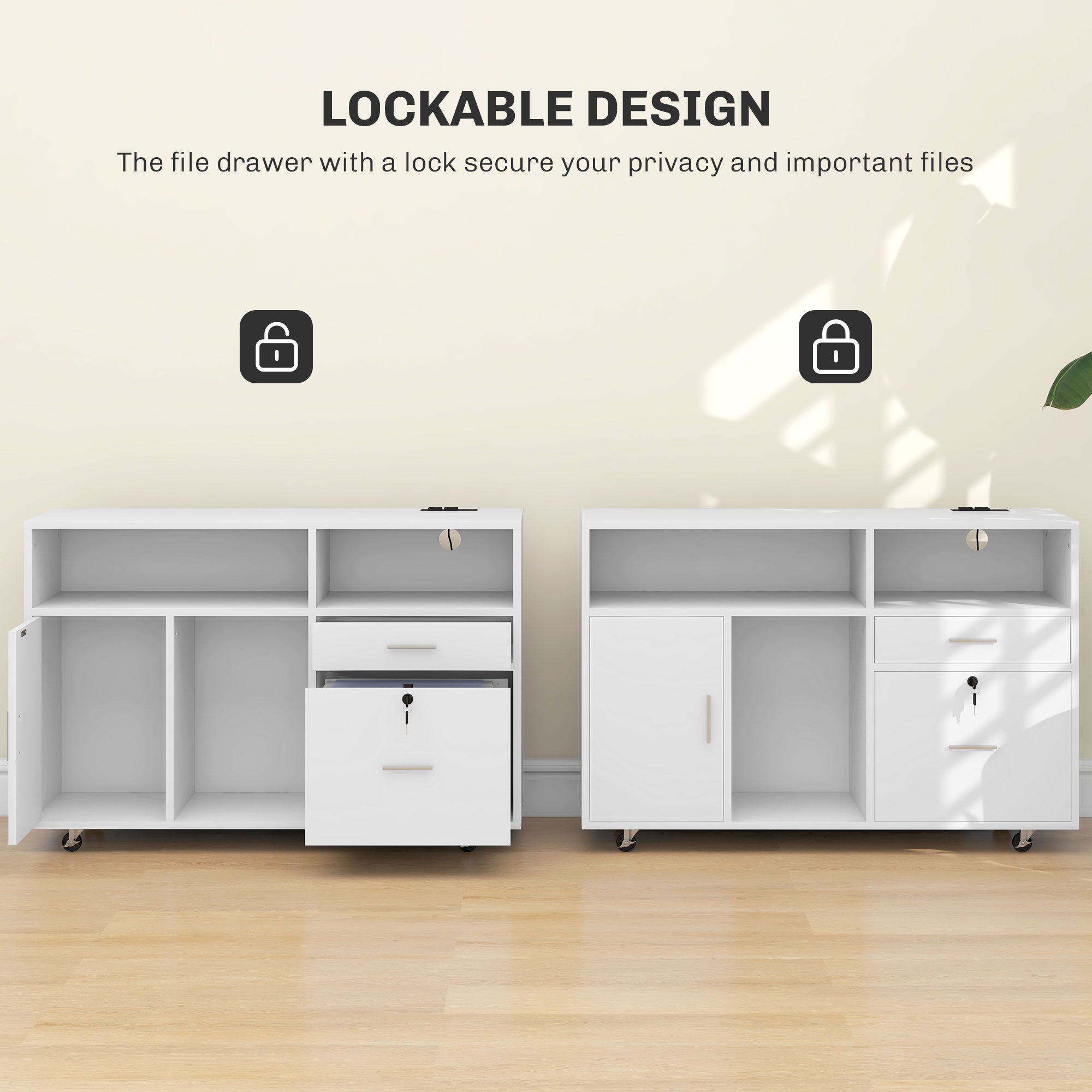 HOMCOM 2 Drawer Lateral Filing Cabinet with Charging Station and USB Ports, Mobile Printer Stand with Open Storage Shelf, Locking File Cabinet for A4, Letter Size, White