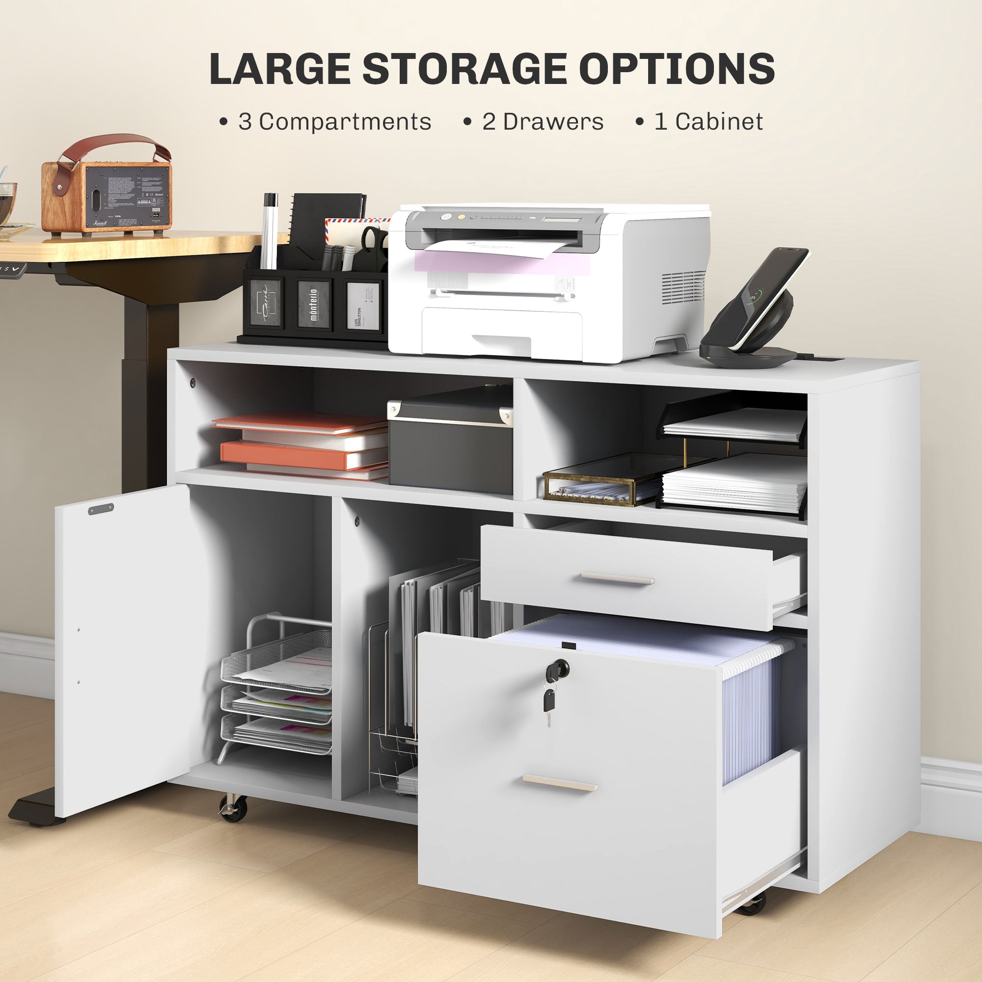 HOMCOM 2 Drawer Lateral Filing Cabinet with Charging Station and USB Ports, Mobile Printer Stand with Open Storage Shelf, Locking File Cabinet for A4, Letter Size, White