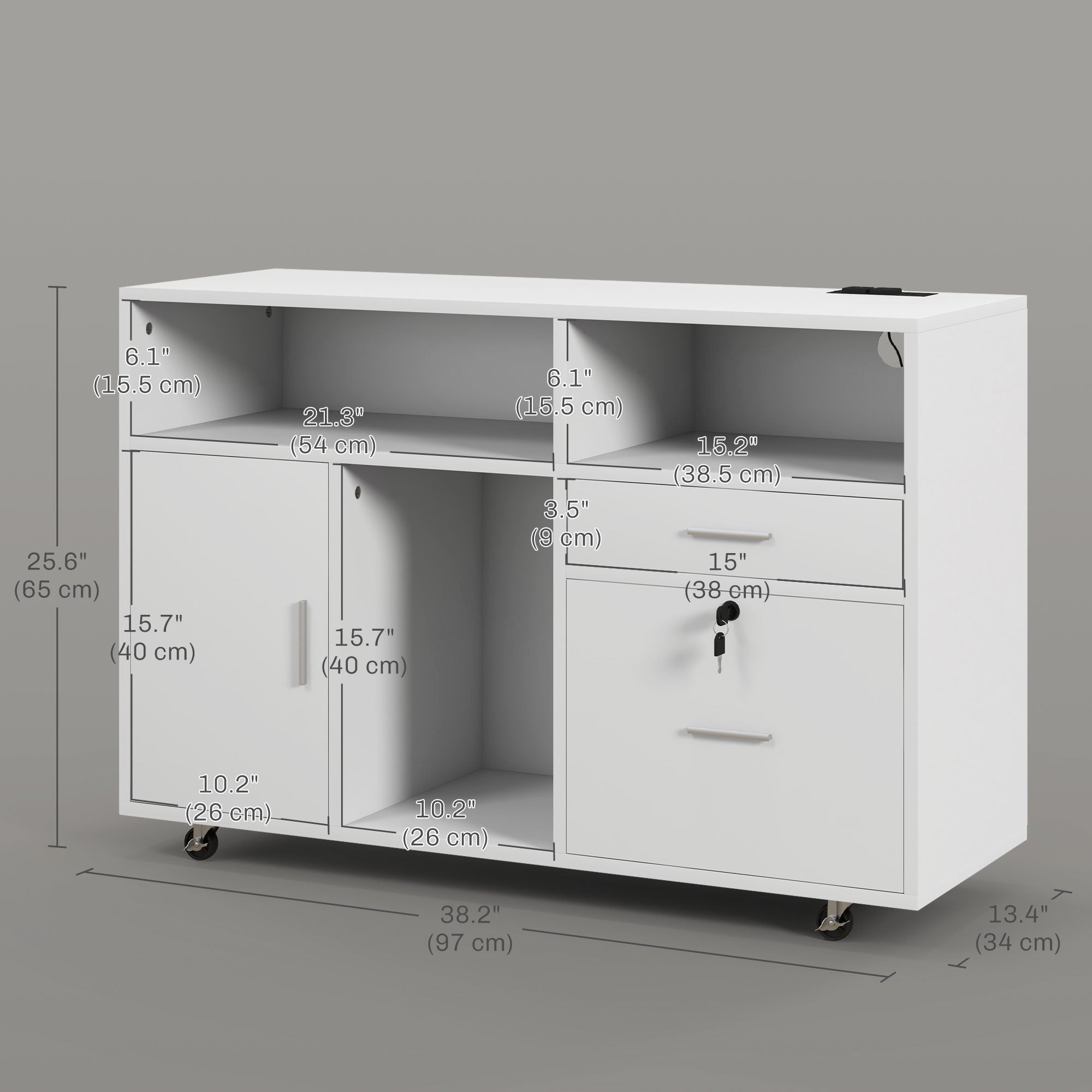 HOMCOM 2 Drawer Lateral Filing Cabinet with Charging Station and USB Ports, Mobile Printer Stand with Open Storage Shelf, Locking File Cabinet for A4, Letter Size, White