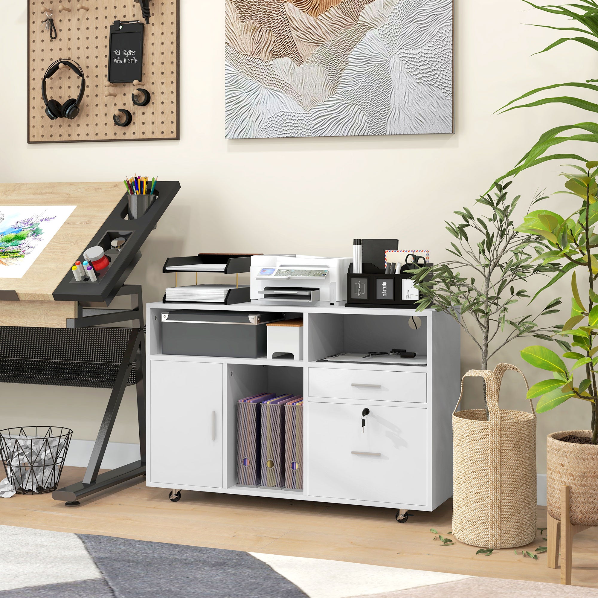 HOMCOM 2 Drawer Lateral Filing Cabinet with Charging Station and USB Ports, Mobile Printer Stand with Open Storage Shelf, Locking File Cabinet for A4, Letter Size, White