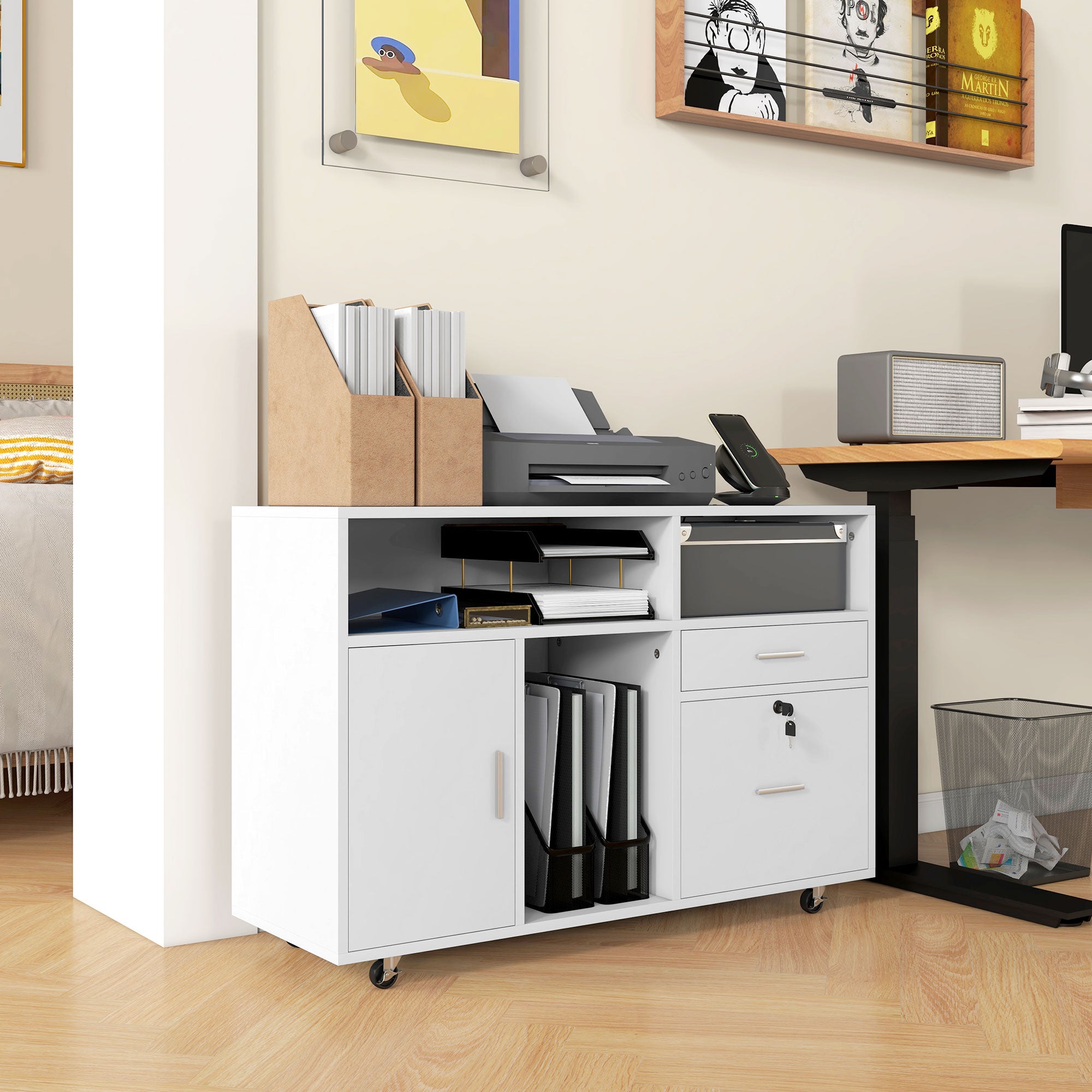 HOMCOM 2 Drawer Lateral Filing Cabinet with Charging Station and USB Ports, Mobile Printer Stand with Open Storage Shelf, Locking File Cabinet for A4, Letter Size, White