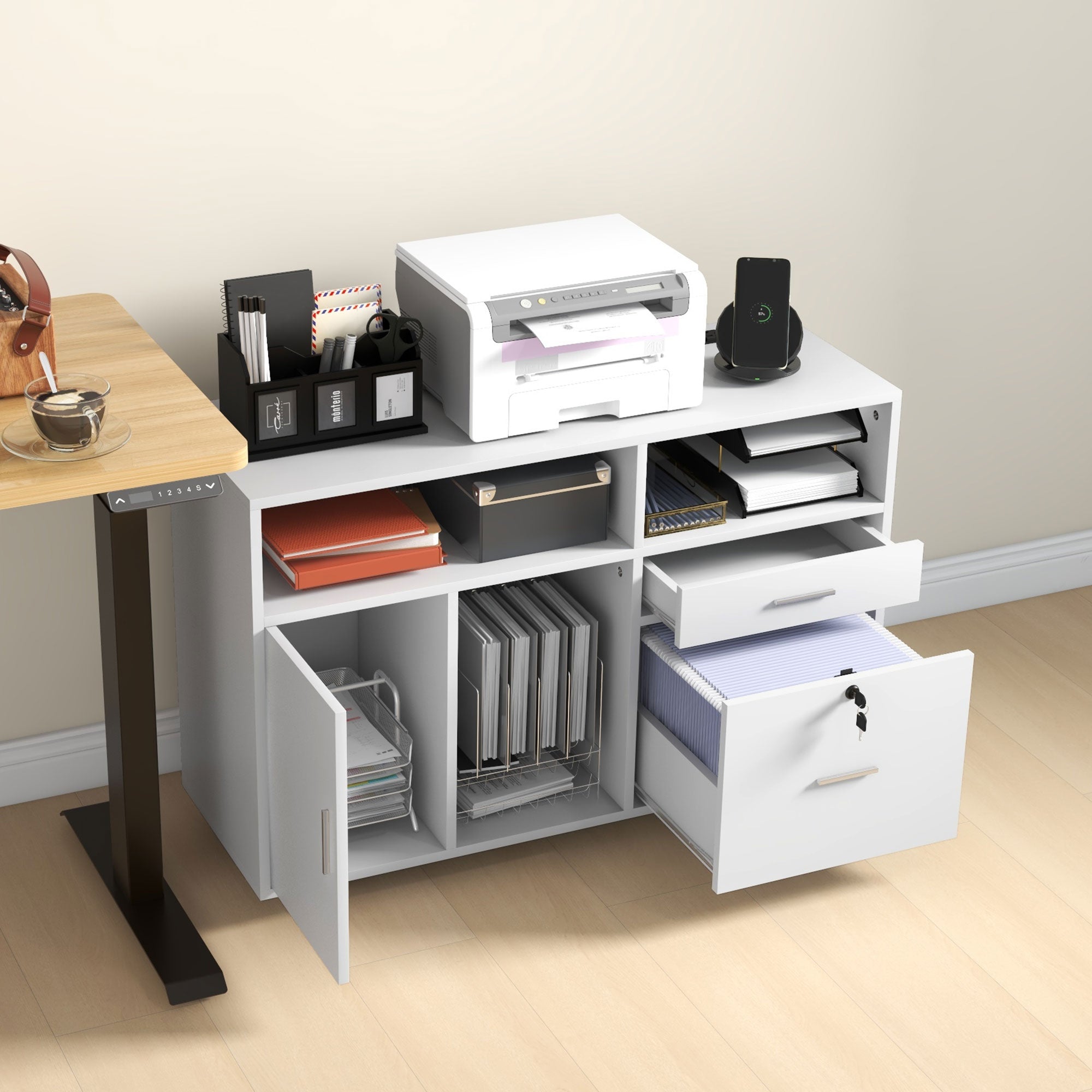 HOMCOM 2 Drawer Lateral Filing Cabinet with Charging Station and USB Ports, Mobile Printer Stand with Open Storage Shelf, Locking File Cabinet for A4, Letter Size, White
