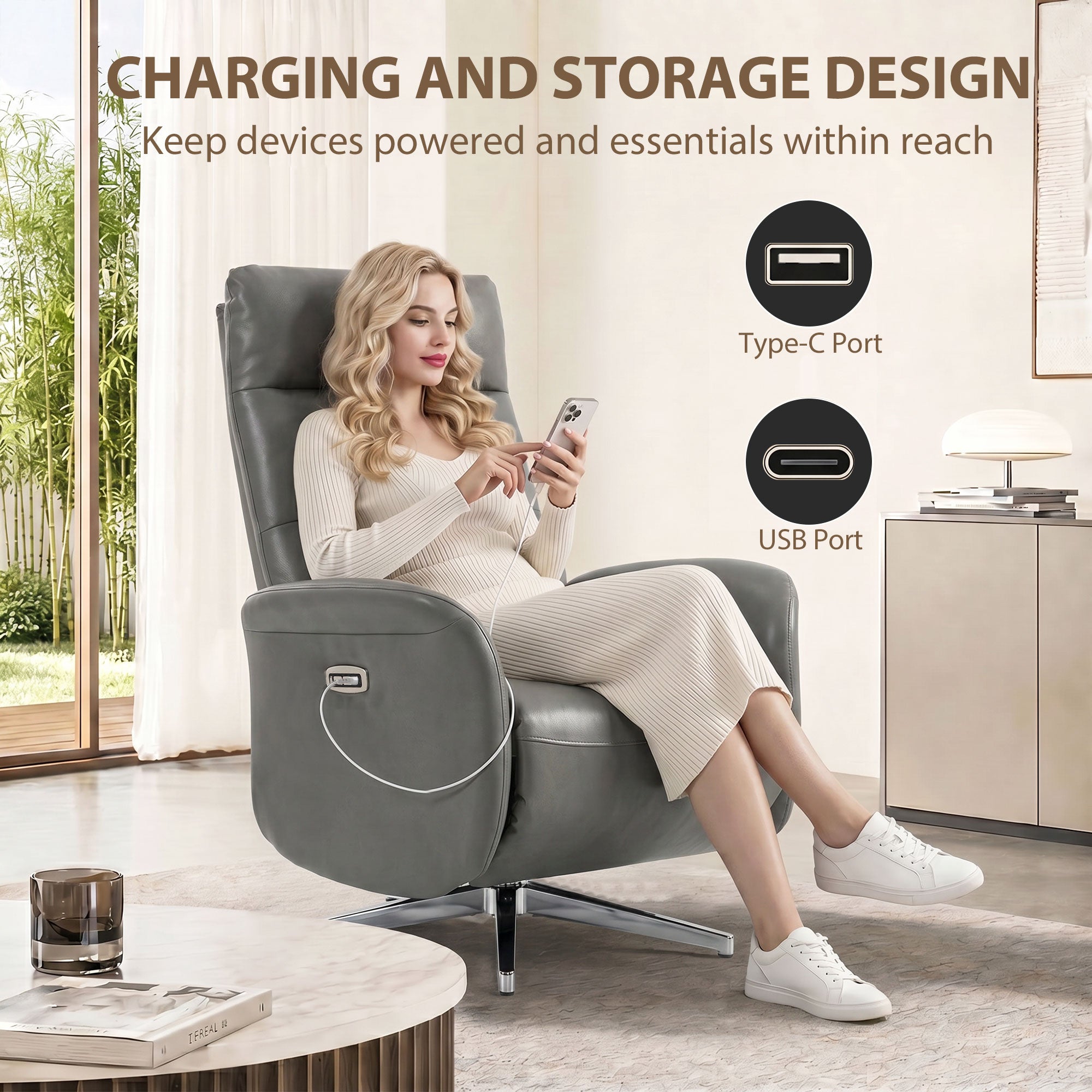 Electric Recliner Armchair, PU Leather Swivel Recliner Chair with Type C+USB, 160° Reclining Chair with Adjustable Leg Rest for Home Living Room Theater, Dark Grey