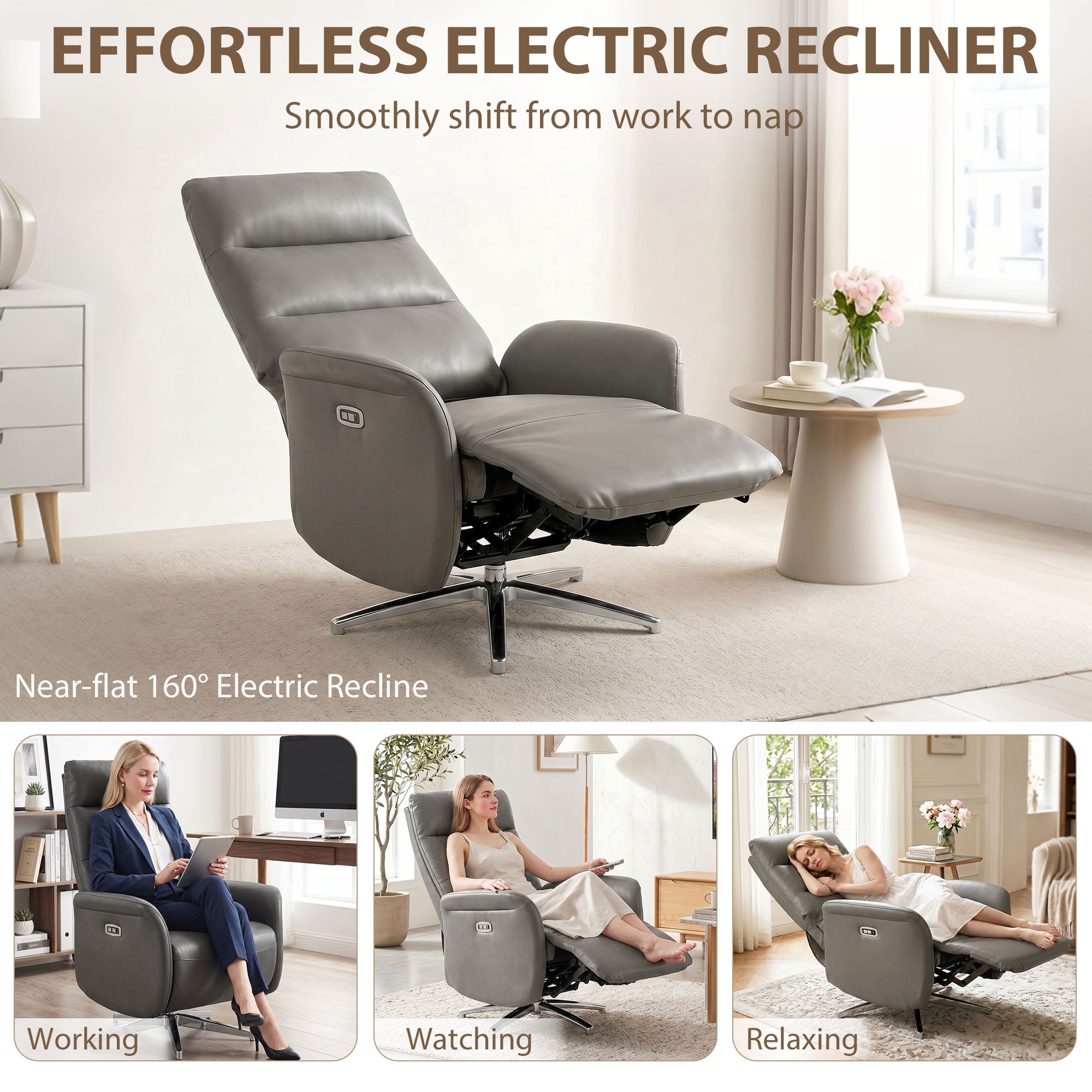 Electric Recliner Armchair, PU Leather Swivel Recliner Chair with Type C+USB, 160° Reclining Chair with Adjustable Leg Rest for Home Living Room Theater, Dark Grey