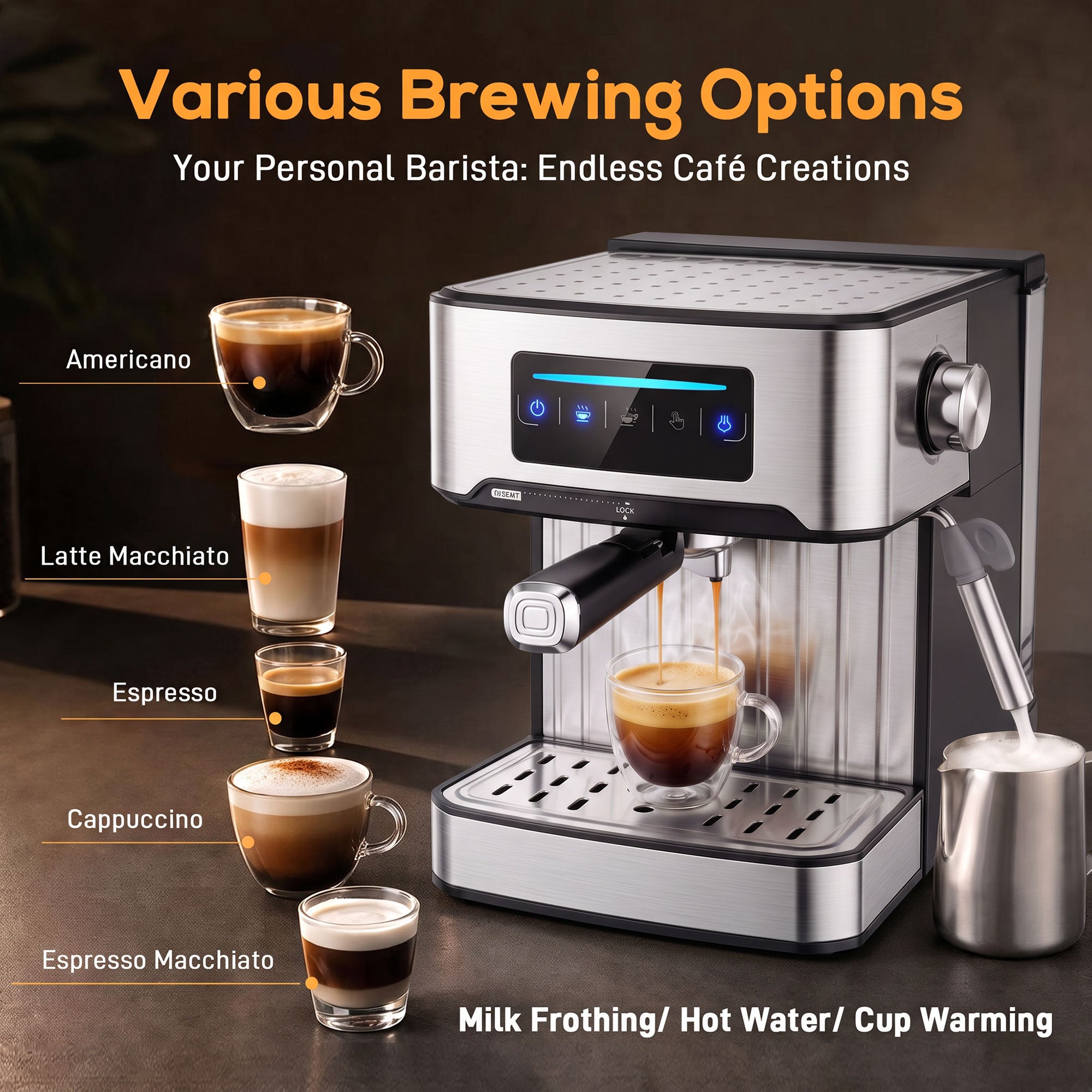 Espresso Machine with Milk Frother Wand, 1.6 L Water Tank, 850W Semi Automatic 20 Bar Coffee Machine, Latte Cappuccino Maker with Single/Double/Manual Shot, LED Touch, Hot Water, Cup Warming
