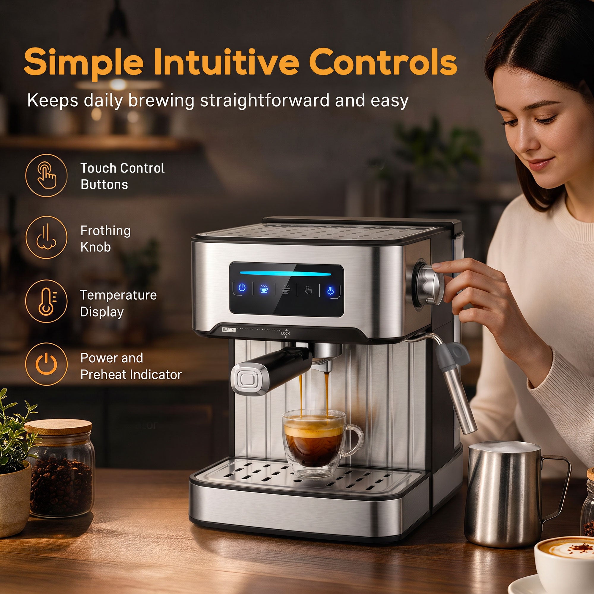 Espresso Machine with Milk Frother Wand, 1.6 L Water Tank, 850W Semi Automatic 20 Bar Coffee Machine, Latte Cappuccino Maker with Single/Double/Manual Shot, LED Touch, Hot Water, Cup Warming