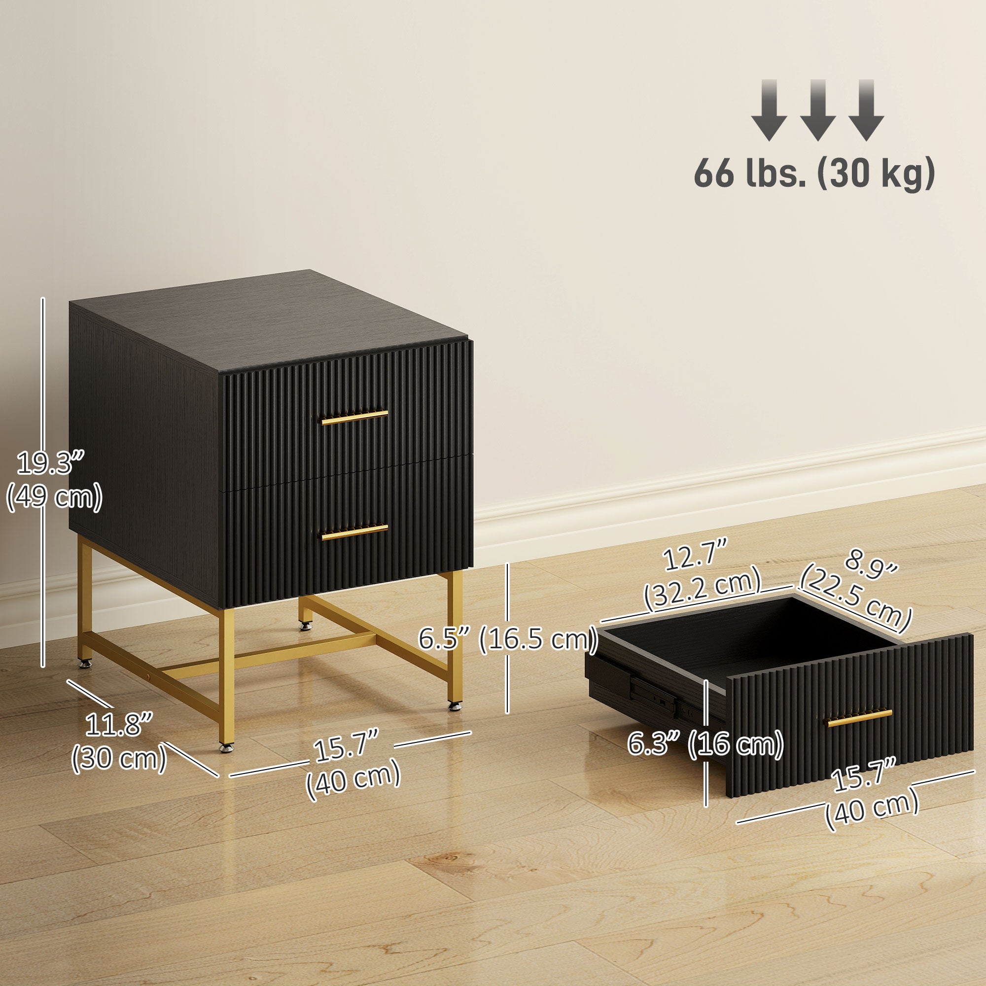 Modern Nightstands Set of 2, Bedside Tables with 2 Drawers and Fluted Panels, End Tables with Storage and Gold Legs for Bedroom, Black