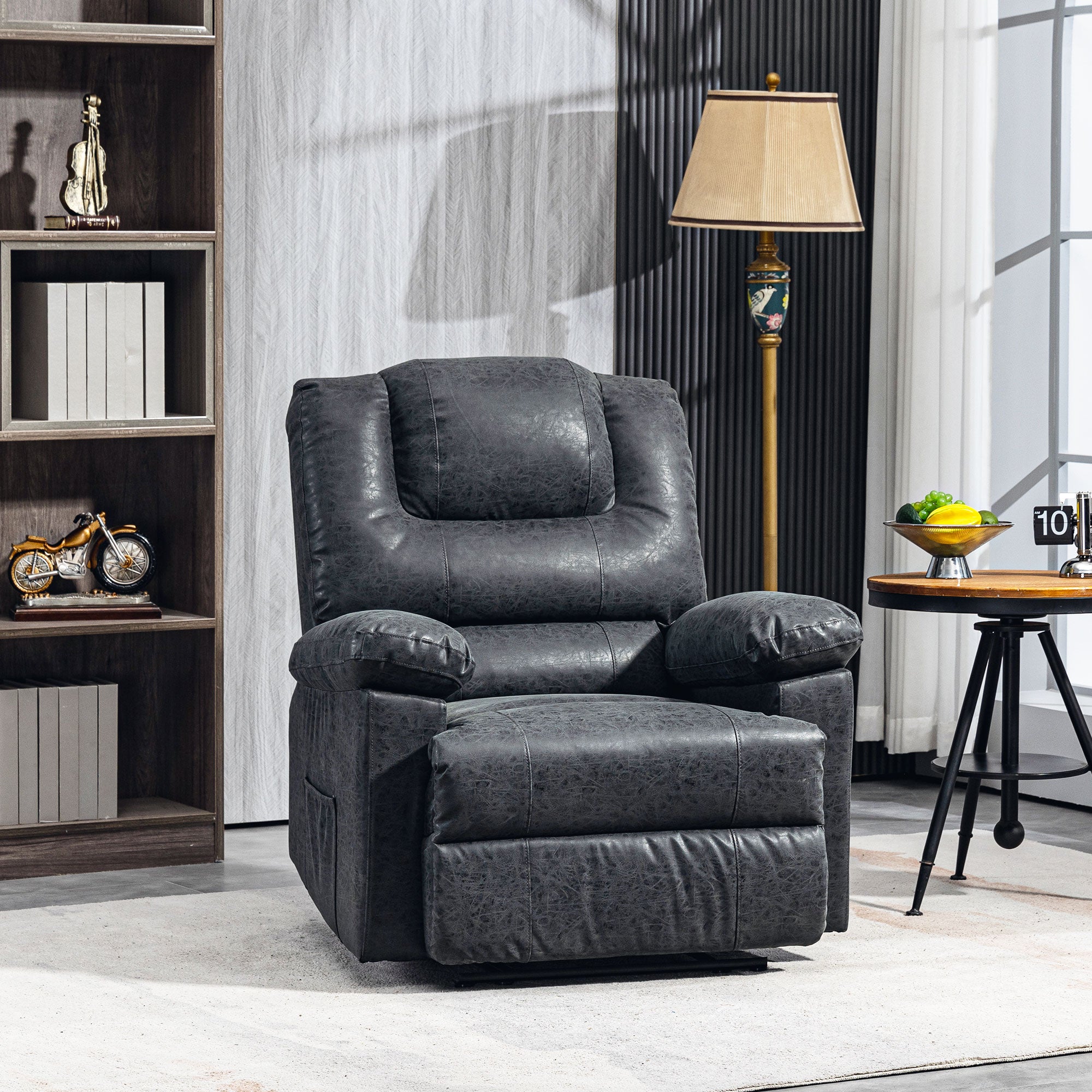 HOMCOM Manual Recliner Chair, PU Leather Reclining Chair, Single Recliner Sofa for Living Room with Footrest and 2 Side Pockets, Black