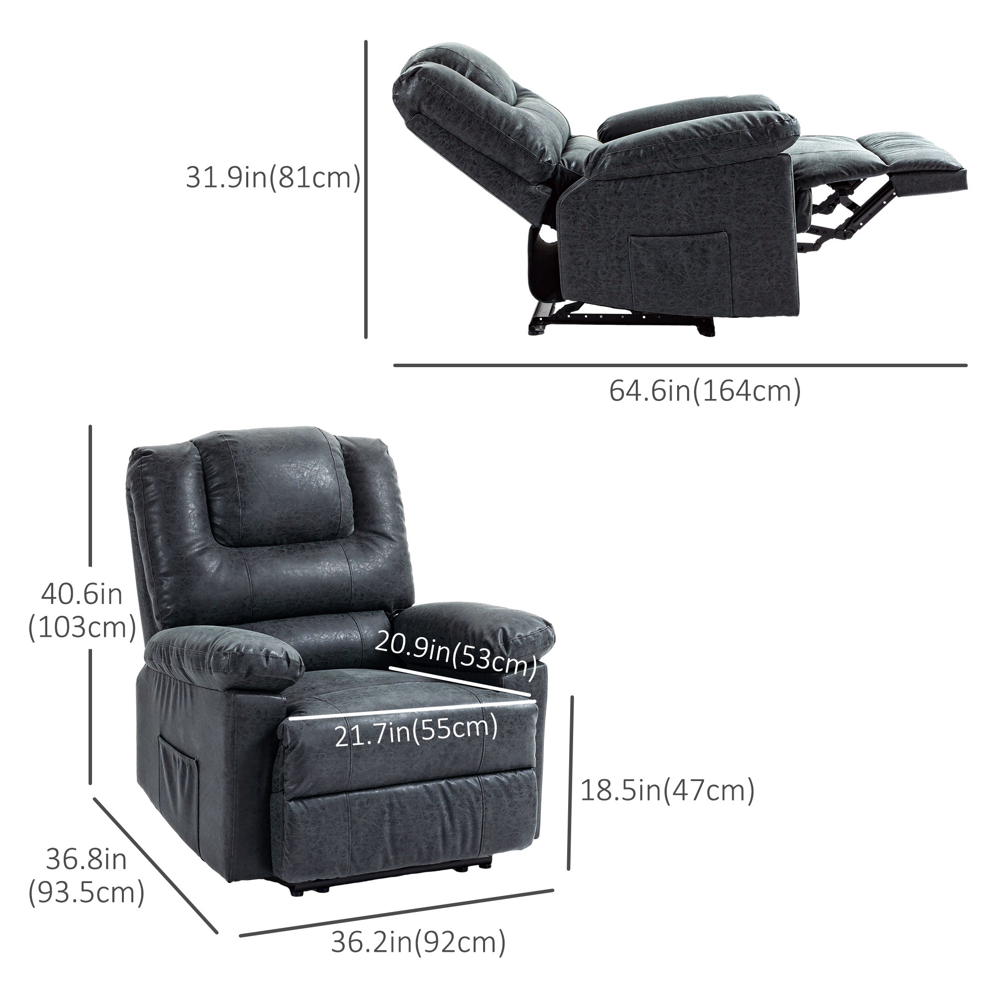 HOMCOM Manual Recliner Chair, PU Leather Reclining Chair, Single Recliner Sofa for Living Room with Footrest and 2 Side Pockets, Black