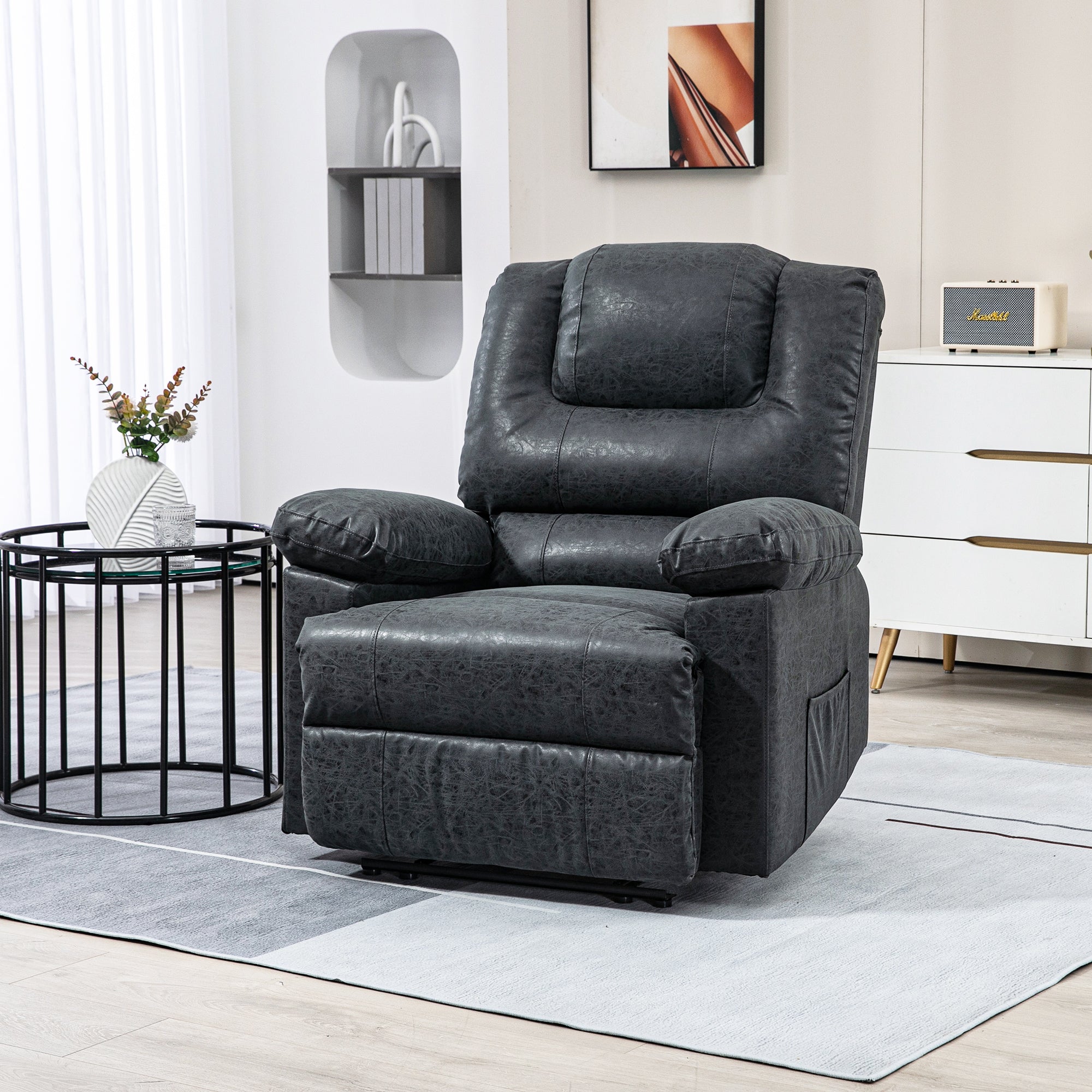 HOMCOM Manual Recliner Chair, PU Leather Reclining Chair, Single Recliner Sofa for Living Room with Footrest and 2 Side Pockets, Black