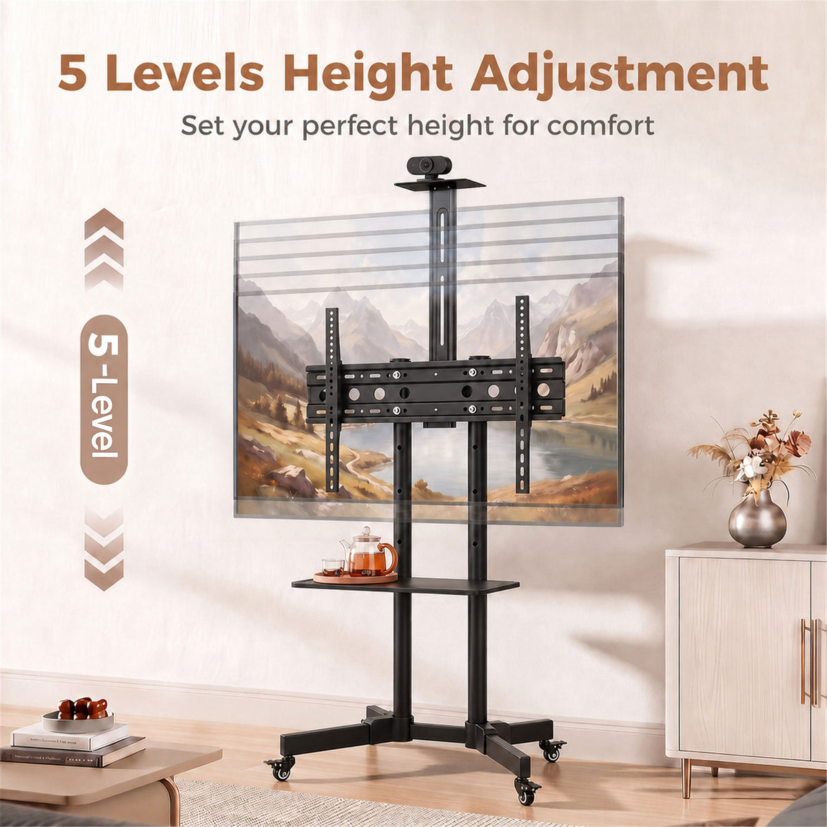 Mobile TV Stand on Wheels for 32-75 Inch Screens, Mobile TV Cart with Tilt, Height Adjustable, Locking Wheels, Camera Shelf & Media Shelf, Max VESA 400 x 600 mm, Black