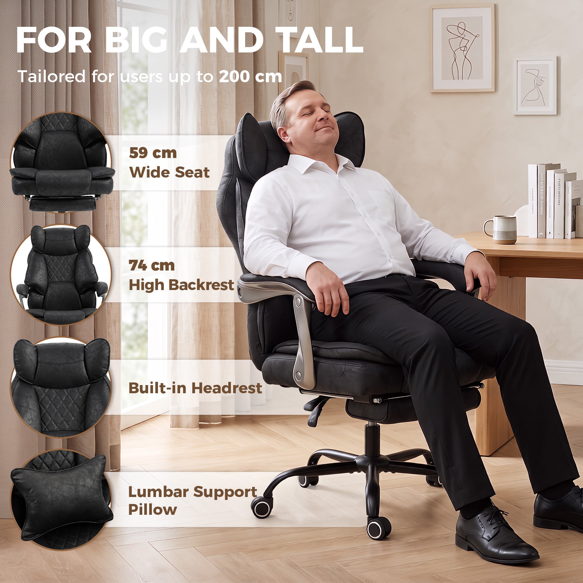 Executive Office Chair with Footrest, 180kg 400lb Big and Tall Leathaire Desk Chair with Wide Seat, Reclining Back, Lumbar Support, Built-in Headrest, Class 4 Gas Lift, Swivel Wheel, Black