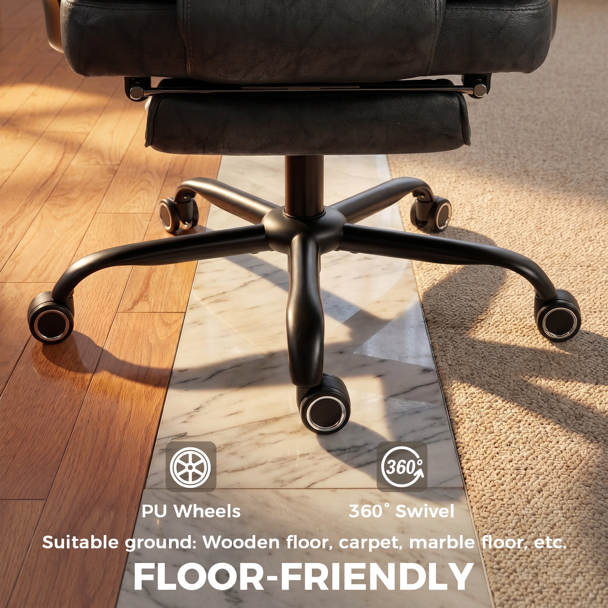 Executive Office Chair with Footrest, 180kg 400lb Big and Tall Leathaire Desk Chair with Wide Seat, Reclining Back, Lumbar Support, Built-in Headrest, Class 4 Gas Lift, Swivel Wheel, Black