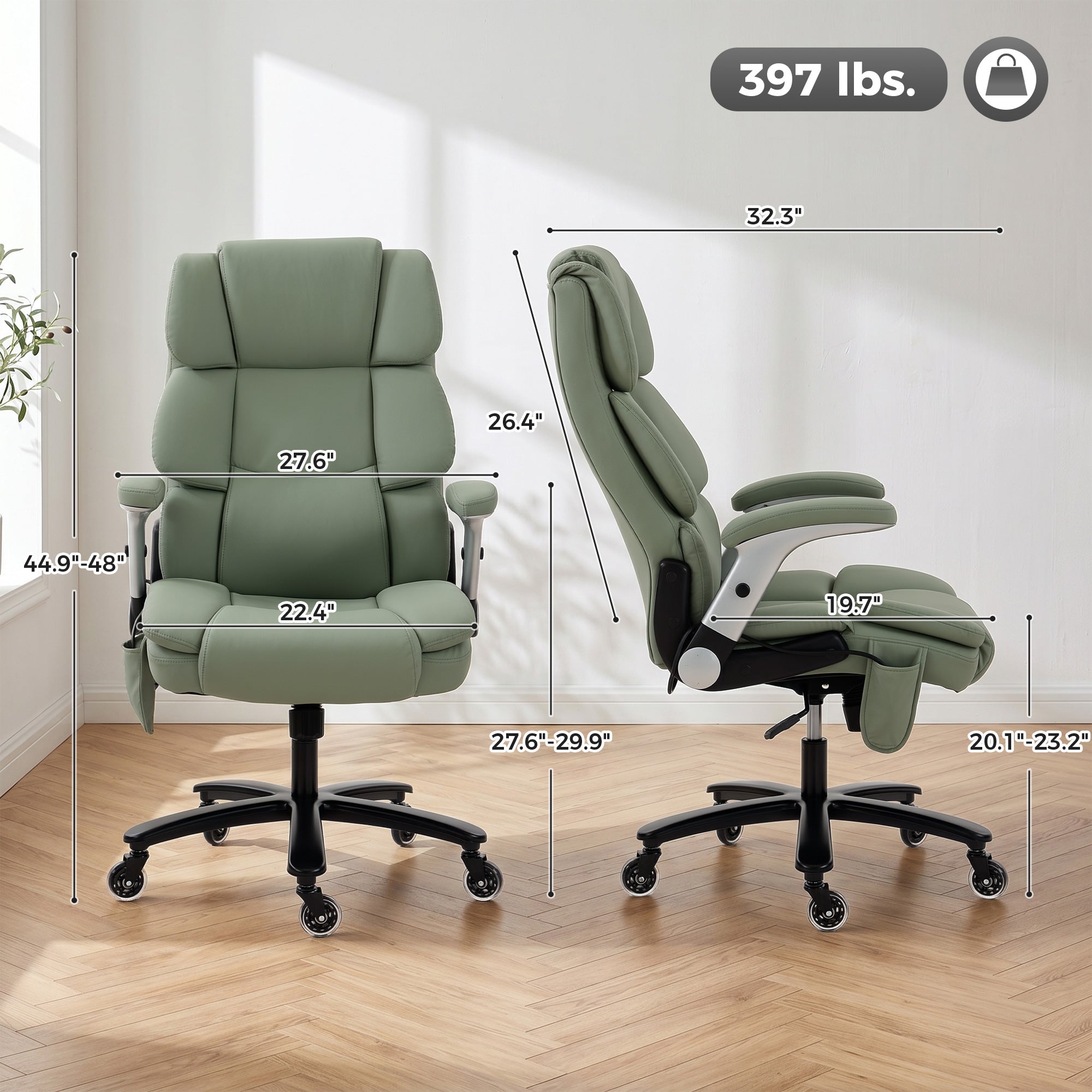 Heavy Duty Office Chair 400LBS with Airbag Lumbar Support, Pet-Friendly Fabric, Big and Tall Desk Chair with Flip-Up Armrests, Pocket Springs, Class 4 Gas Cylinder, Wide Seat, Light Green