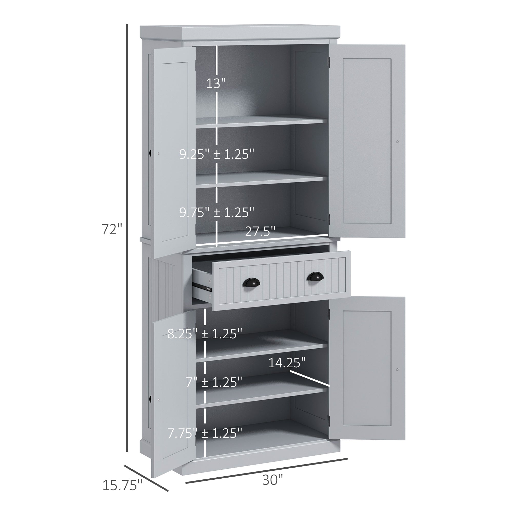 72" Kitchen Pantry Cabinet Freestanding Tall Storage with 4 Doors Drawer and 3 Adjustable Shelves Gray