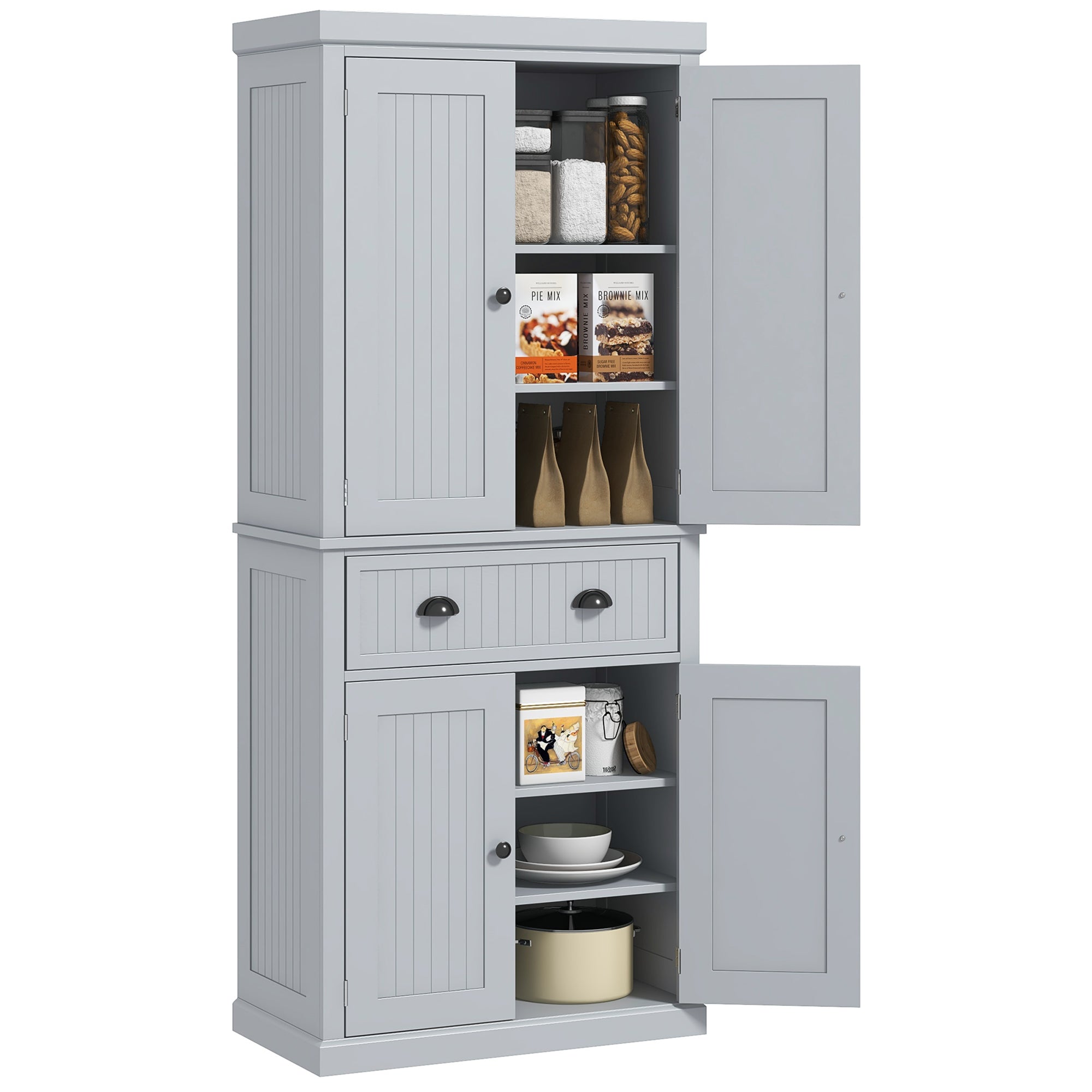 72" Kitchen Pantry Cabinet Freestanding Tall Storage with 4 Doors Drawer and 3 Adjustable Shelves Gray