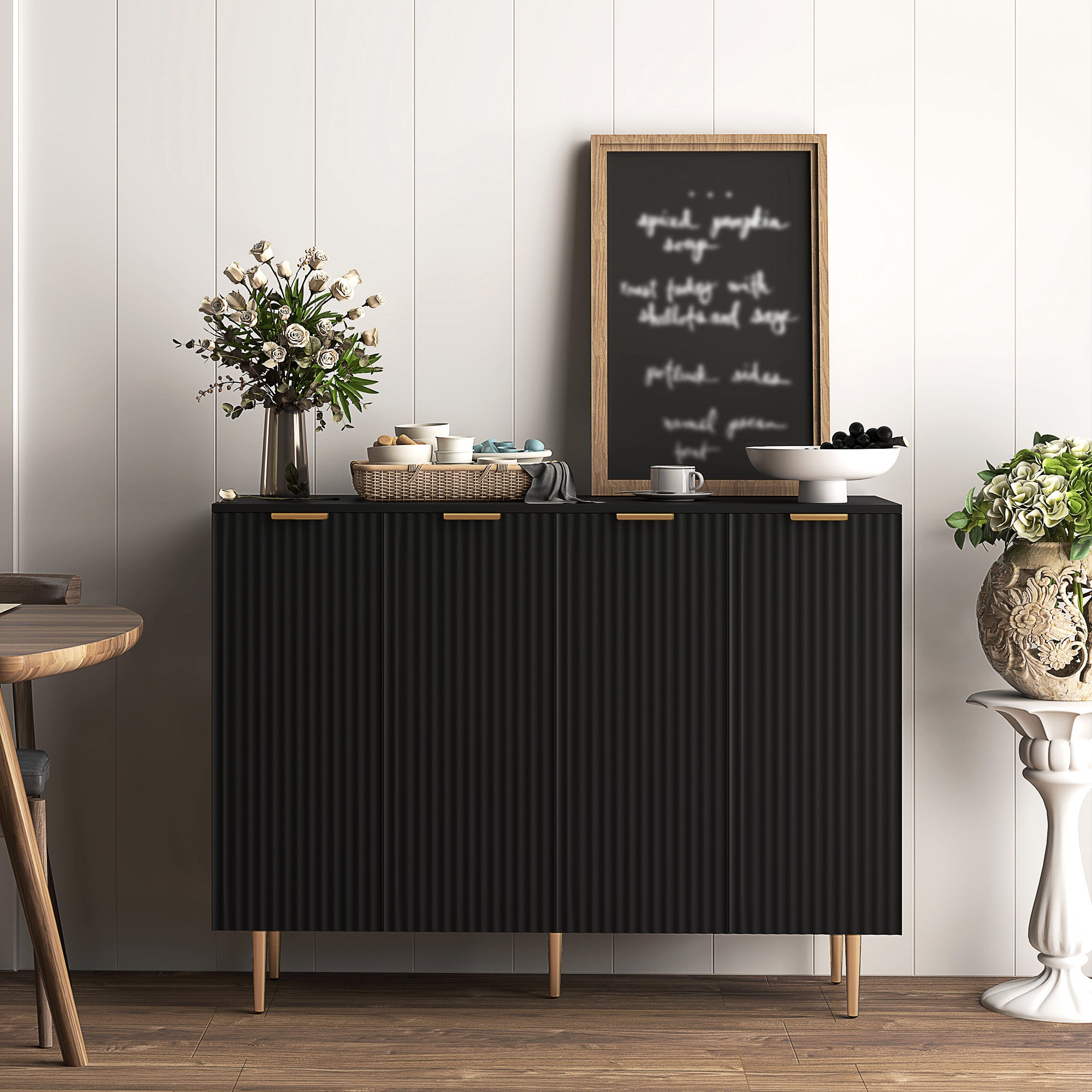 HOMCOM Sideboard Buffet Cabinet, Modern Kitchen Storage Cabinet with 4 Doors and Adjustable Shelves, Pantry Cabinet with Metal Legs for Hallway, Black