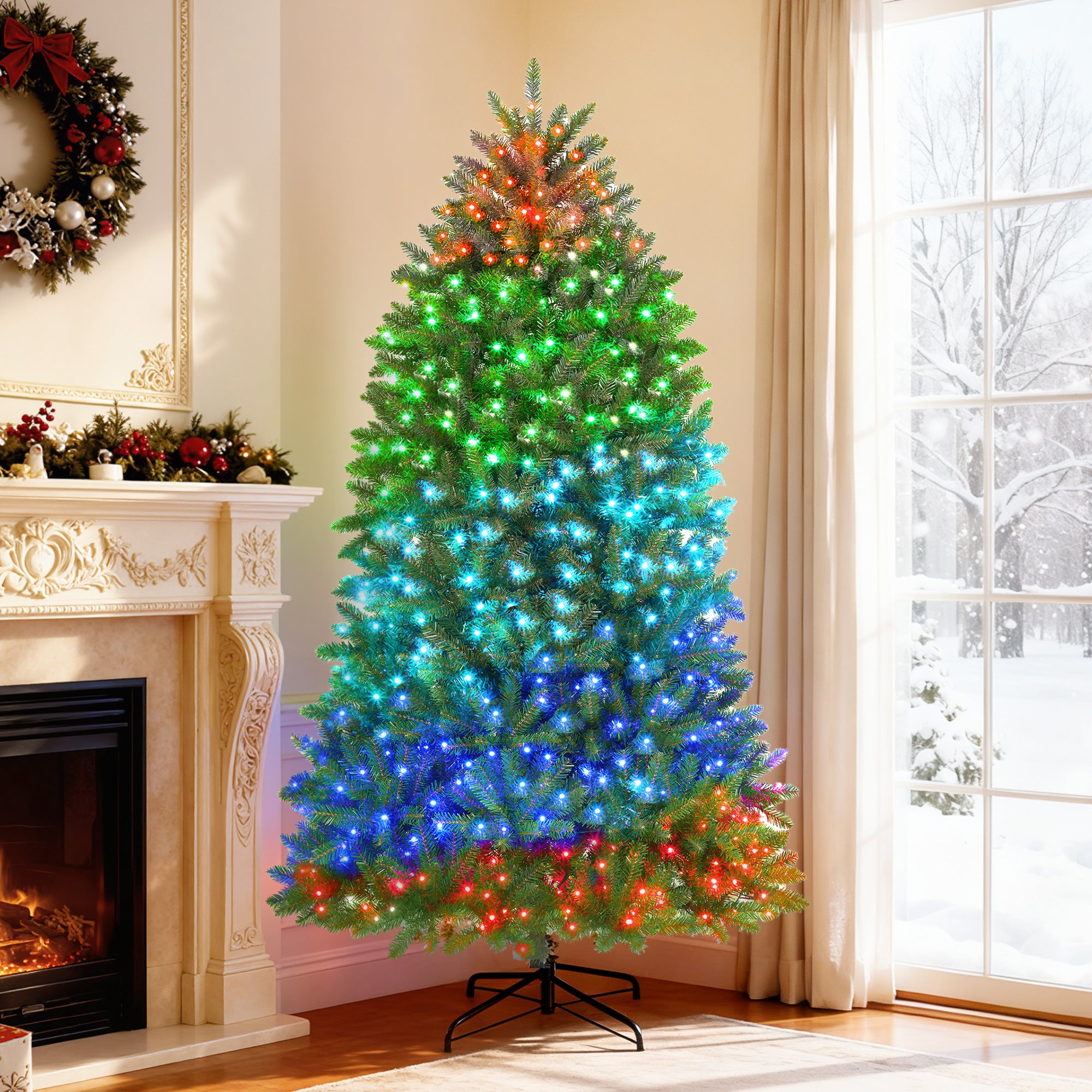 6ft Smart Prelit Christmas Tree with Full-Spectrum RGB Dimmable LEDs, App and Remote Control, Wide Full Hinged Xmas Tree, Easy Assembly, Artificial Holiday Decoration, Green