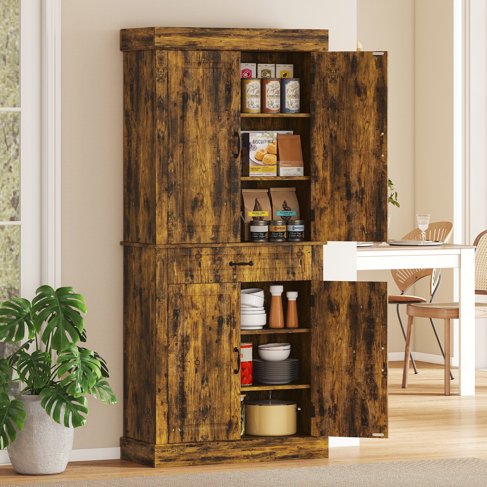 Kitchen Cupboard with 4 Doors, Freestanding Storage Cabinet with Wide Drawer and Shelves for Living Room, 180cm,Brown