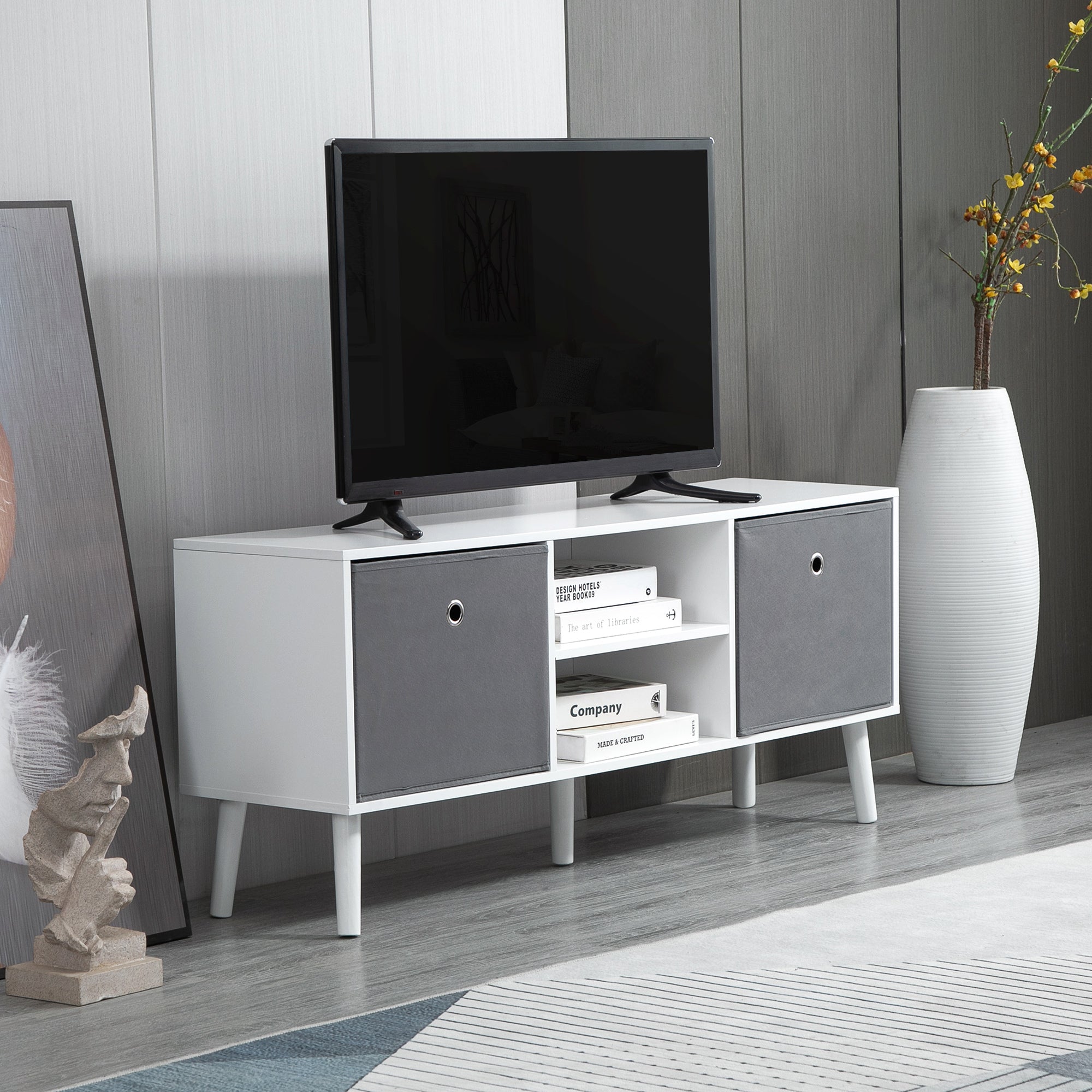 HOMCOM TV Cabinet Stand Unit for TVs up to 50" Flat Screen with Foldable Drawers and Shelves, Entertainment Centre for Living Room, Bedroom White and Grey