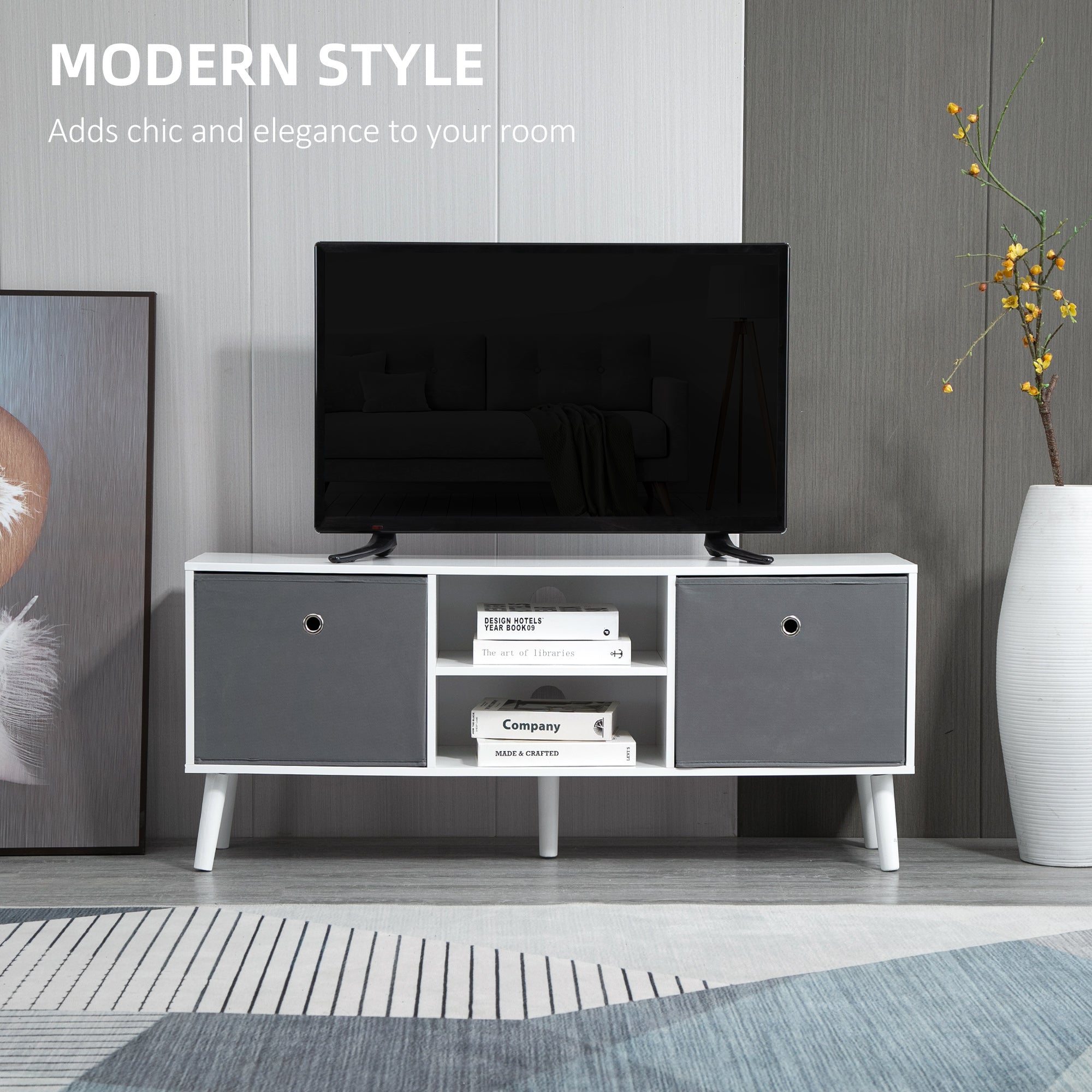 HOMCOM TV Cabinet Stand Unit for TVs up to 50" Flat Screen with Foldable Drawers and Shelves, Entertainment Centre for Living Room, Bedroom White and Grey