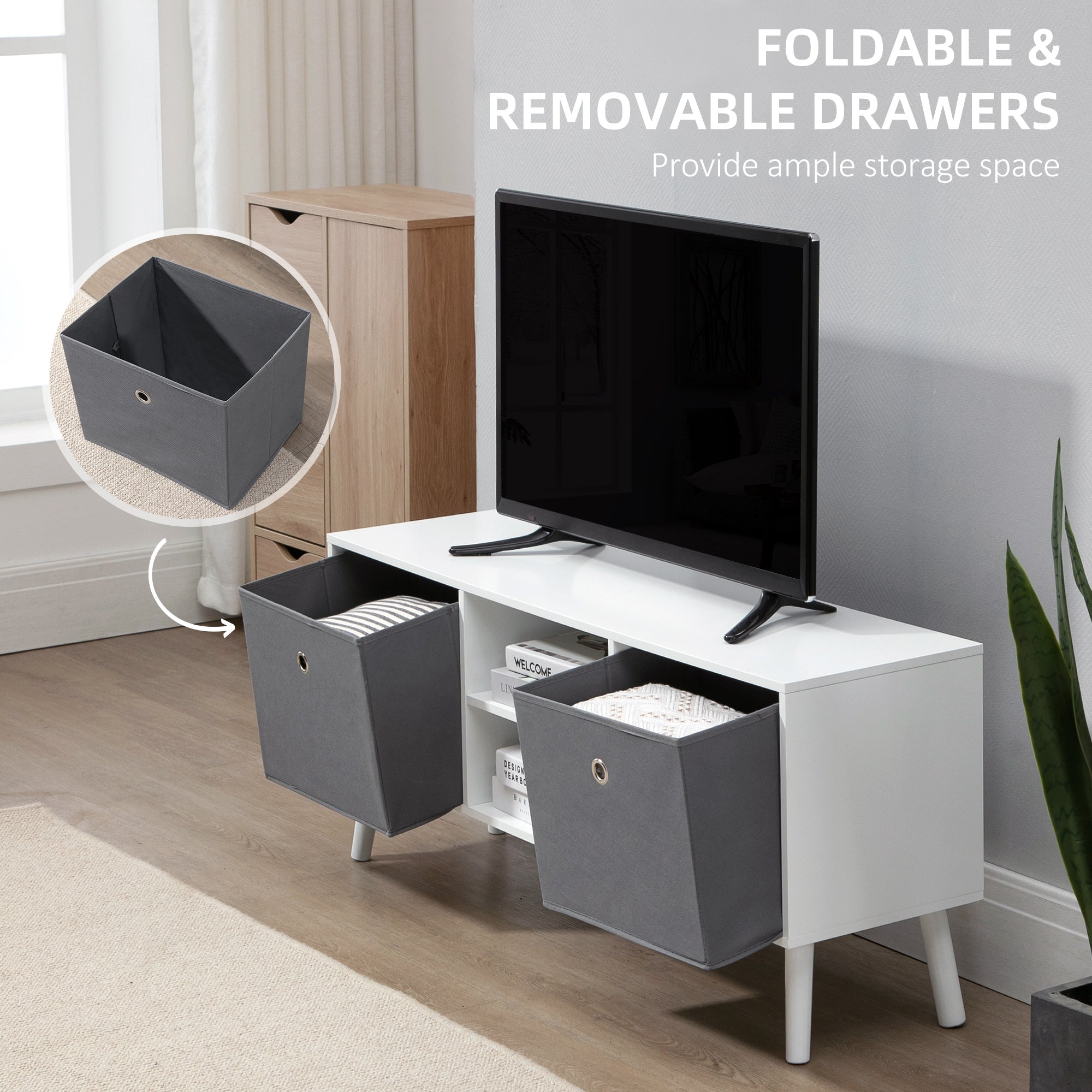 HOMCOM TV Cabinet Stand Unit for TVs up to 50" Flat Screen with Foldable Drawers and Shelves, Entertainment Centre for Living Room, Bedroom White and Grey
