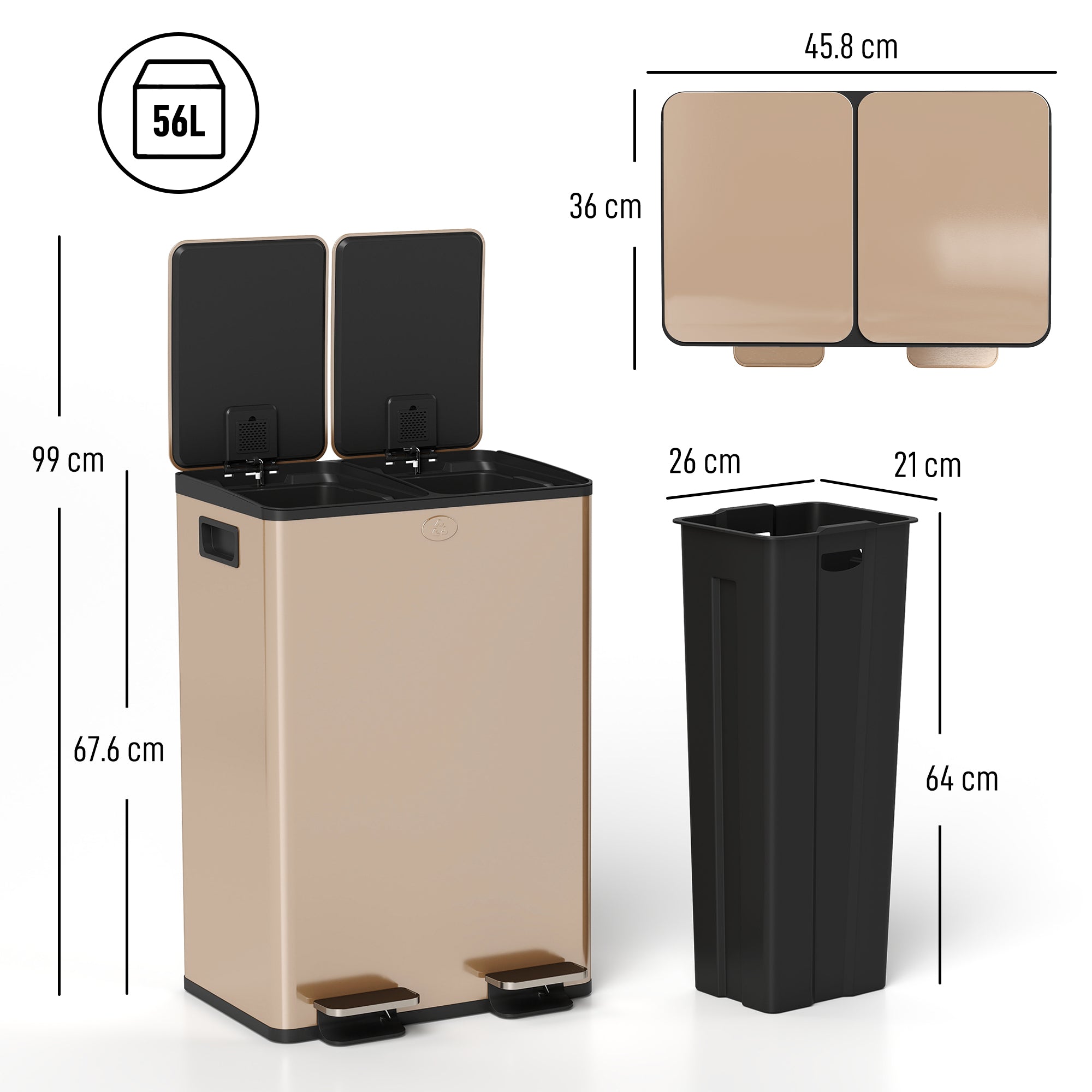 Dual Kitchen Bin, 2 x 28L Stainless Steel Double Rubbish Bin with Soft Close Lid, Removable Inner Buckets, Fingerprint-Proof for Recycling and Waste, Gold Tone