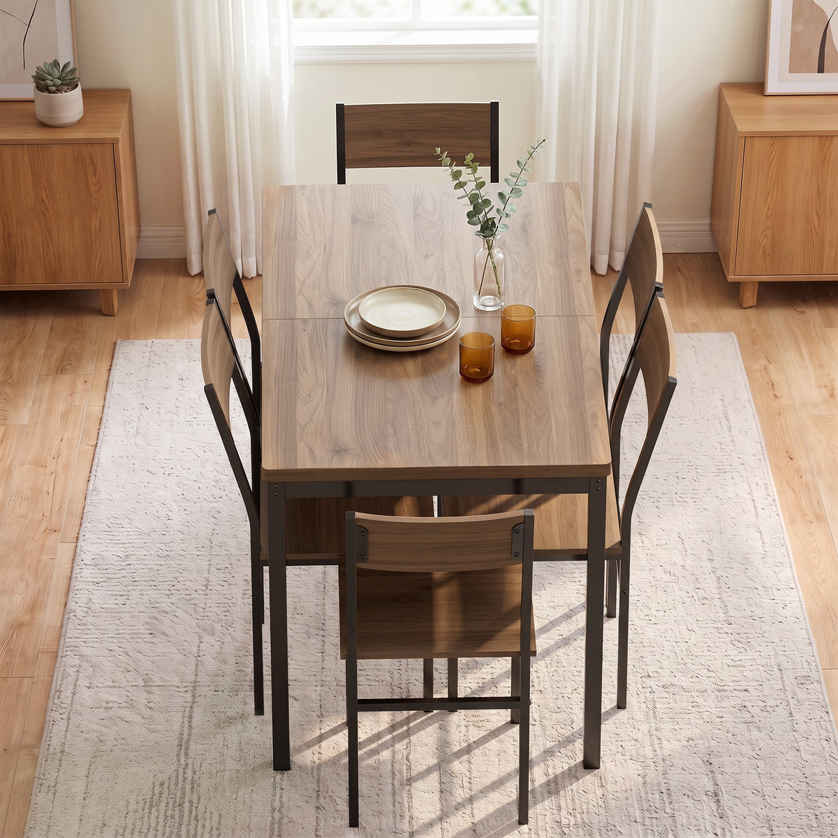 7-Piece Industrial Dining Table Set for 4-6, 47"-63" Extendable Kitchen Table with 6 Stackable Chairs, Metal Frame, Space Saving, Dining Room, Home Office, Brown Wood Grain