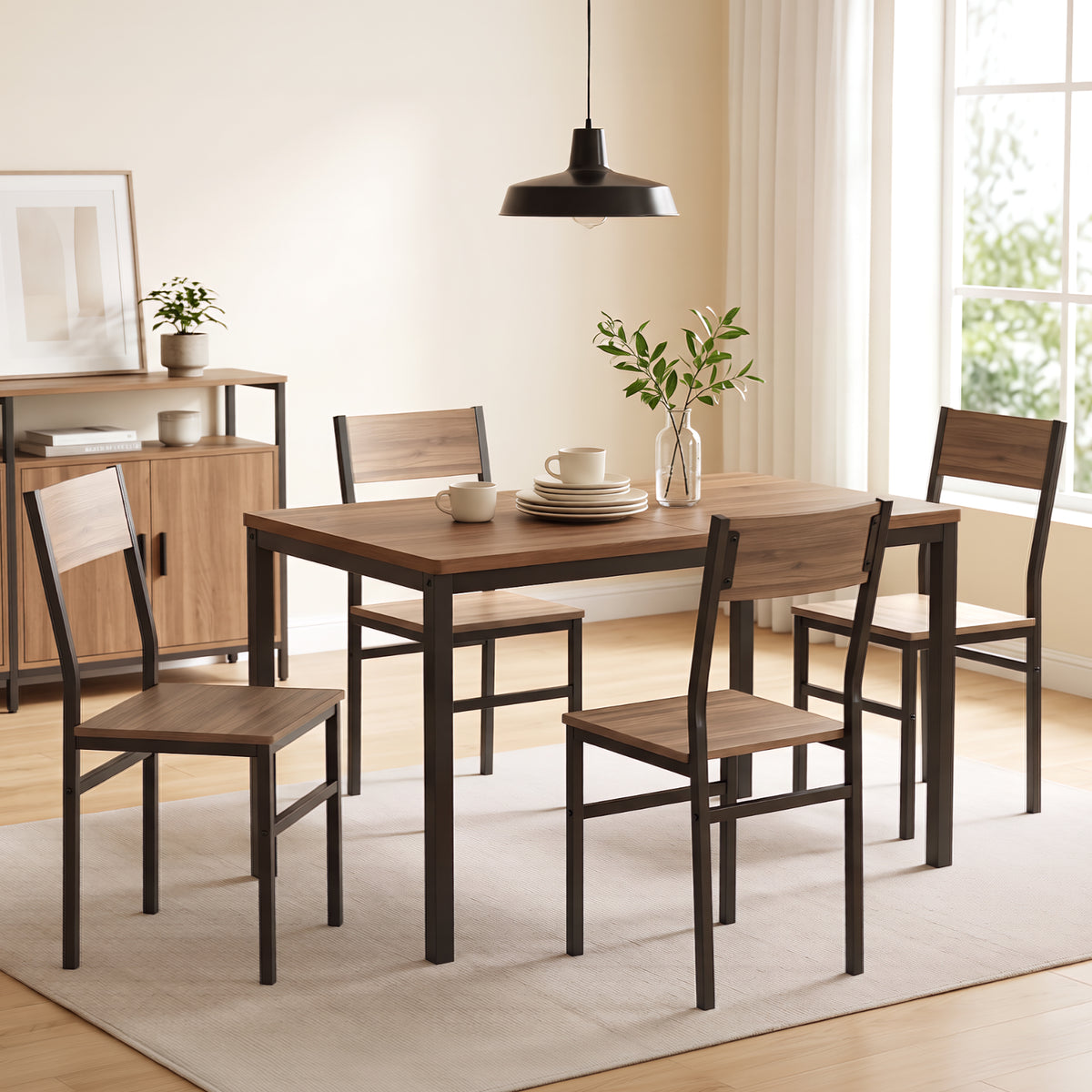 7-Piece Industrial Dining Table Set for 4-6, 47"-63" Extendable Kitchen Table with 6 Stackable Chairs, Metal Frame, Space Saving, Dining Room, Home Office, Brown Wood Grain