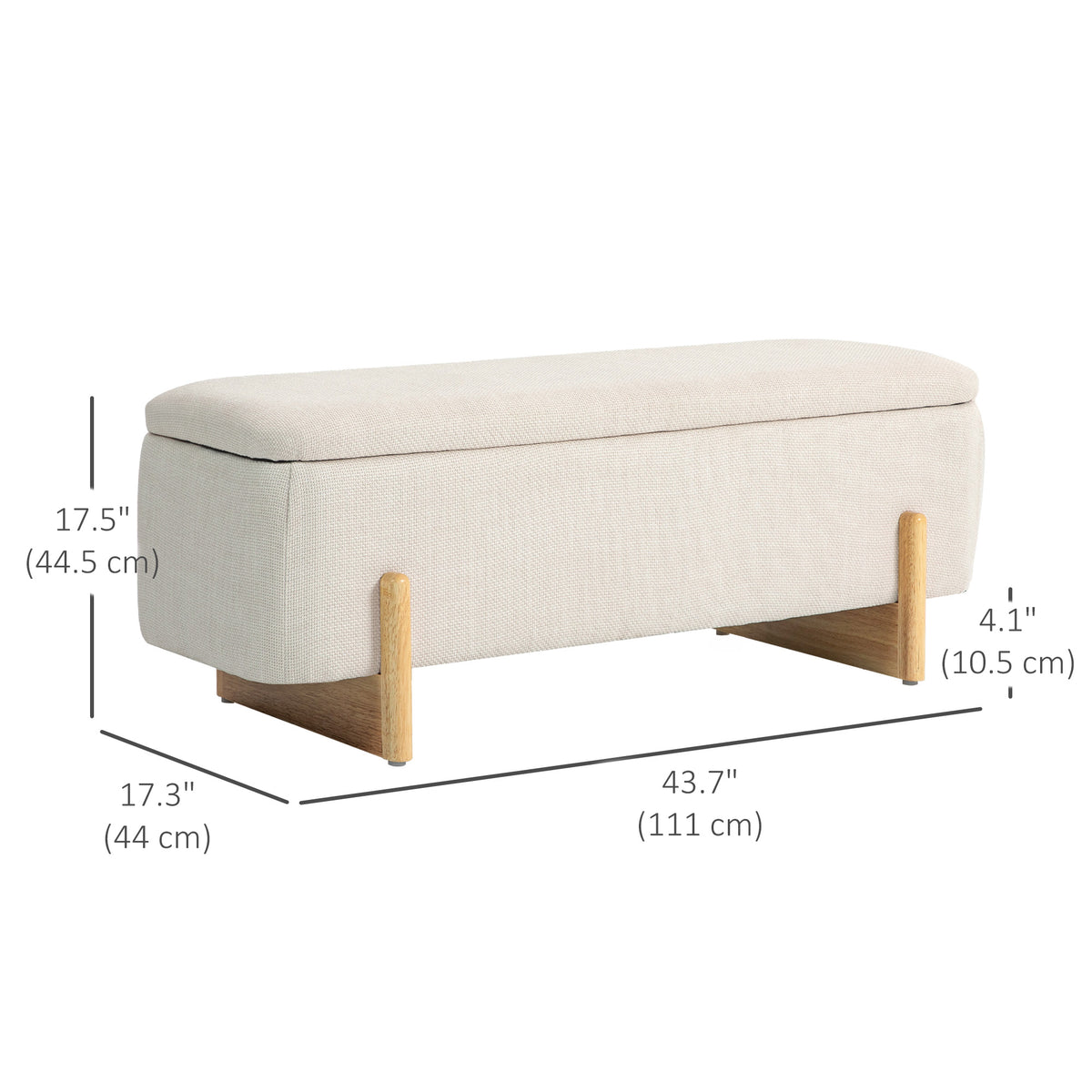 Storage Ottoman with Linen-Look Upholstery, Storage Bench with Safety Hinges and Wooden Legs for Bedroom, Hallway, Cream White