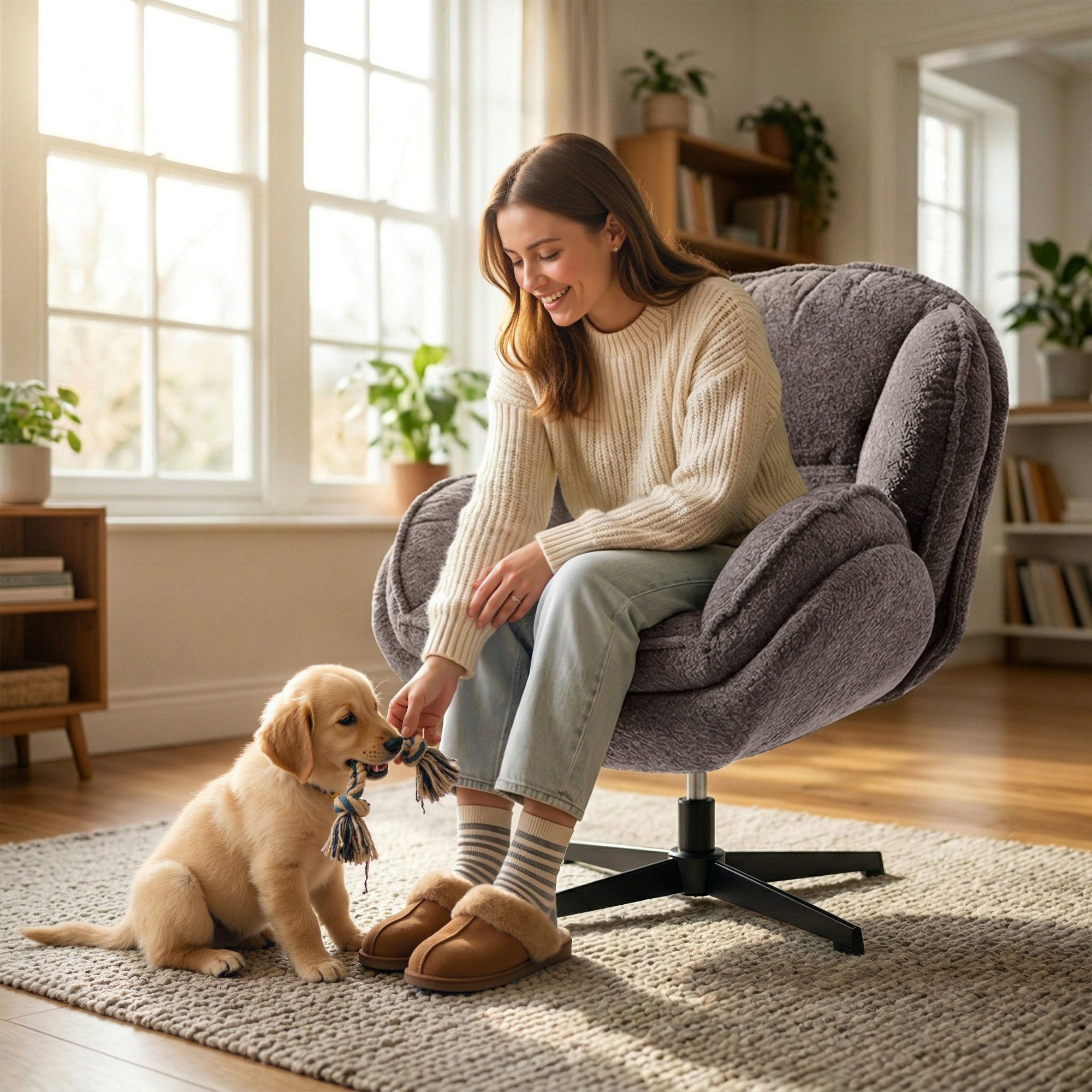 Modern Wingback Accent Chair, Velvet Armchair with 360° Swivel, Four-Star Base, S-Springs, Bedroom Chair for Living Room, Bedroom, Study, Grey