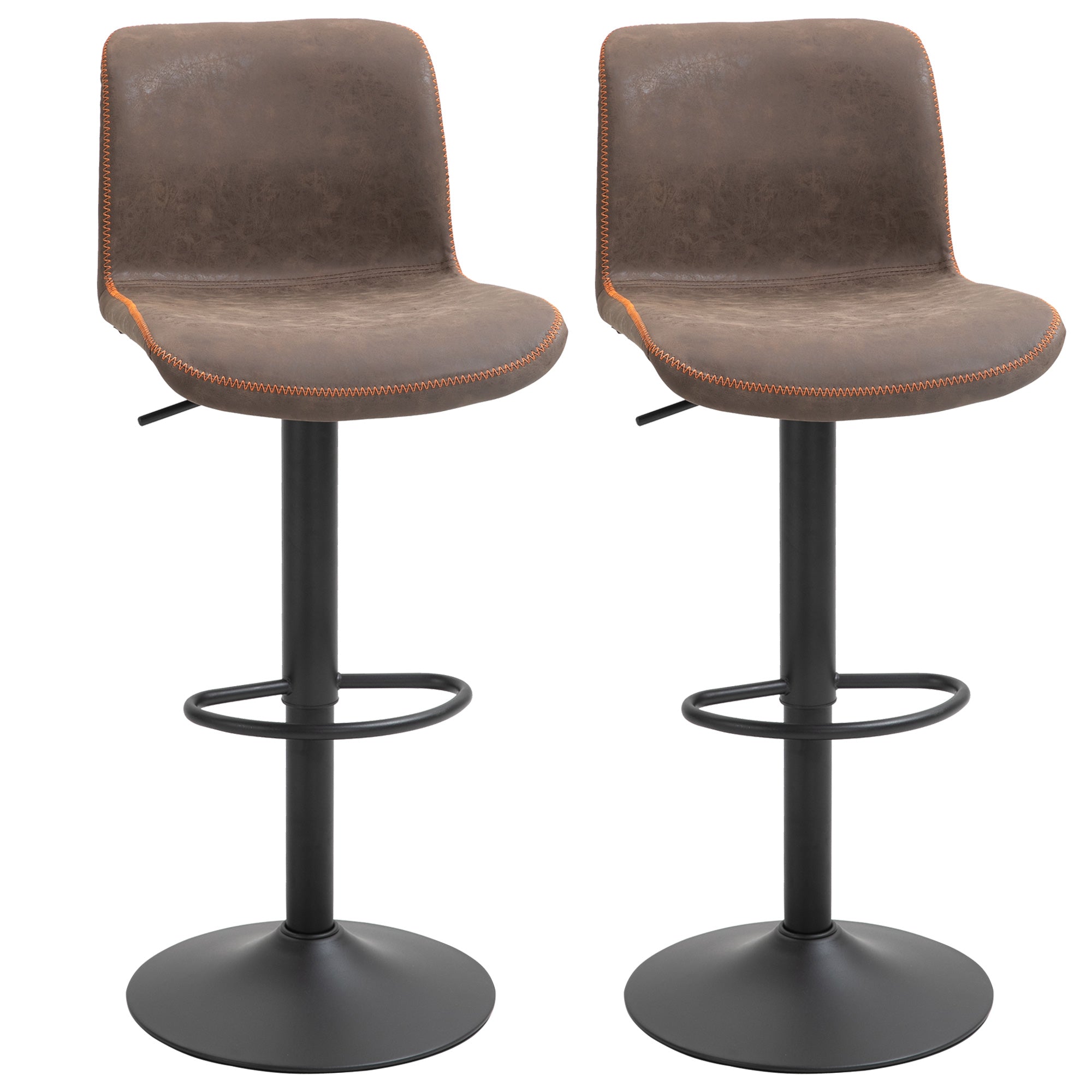 HOMCOM Bar Stools Set of 2, Swivel Counter Height Bar Stools with Adjustable Height and Footrest, PU Leather Upholstered Kitchen Stool for Breakfast Bar, Brown