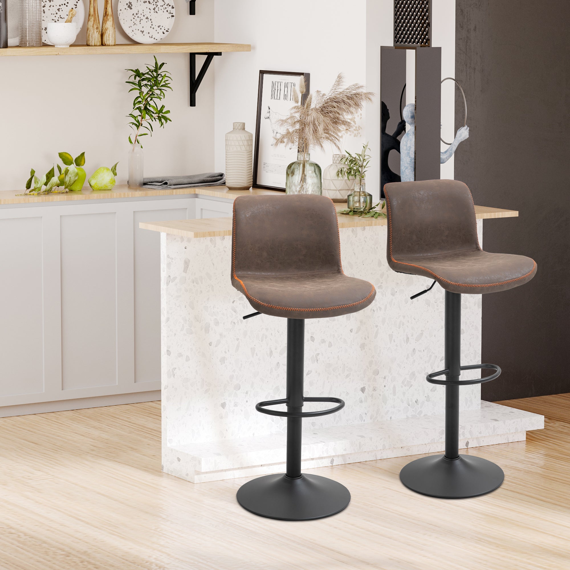 HOMCOM Bar Stools Set of 2, Swivel Counter Height Bar Stools with Adjustable Height and Footrest, PU Leather Upholstered Kitchen Stool for Breakfast Bar, Brown