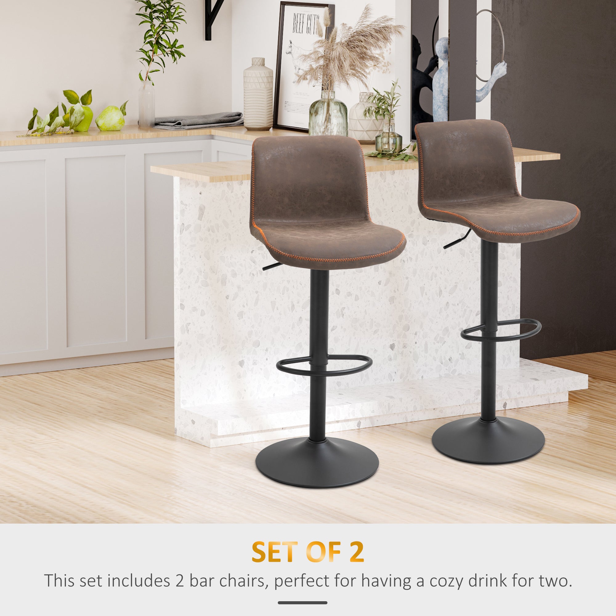 HOMCOM Bar Stools Set of 2, Swivel Counter Height Bar Stools with Adjustable Height and Footrest, PU Leather Upholstered Kitchen Stool for Breakfast Bar, Brown