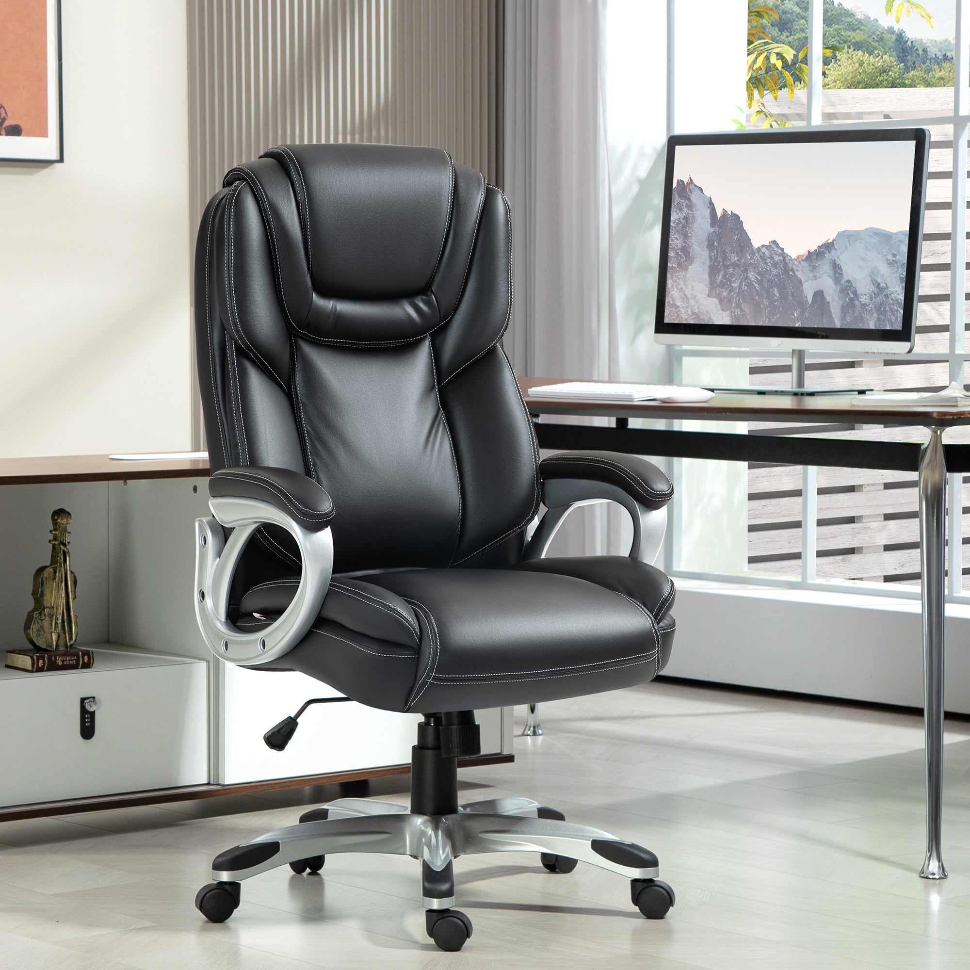 High Back Desk Chair with Swivel Wheels Executive Office Chair with Cushion & Adjustable Height Black