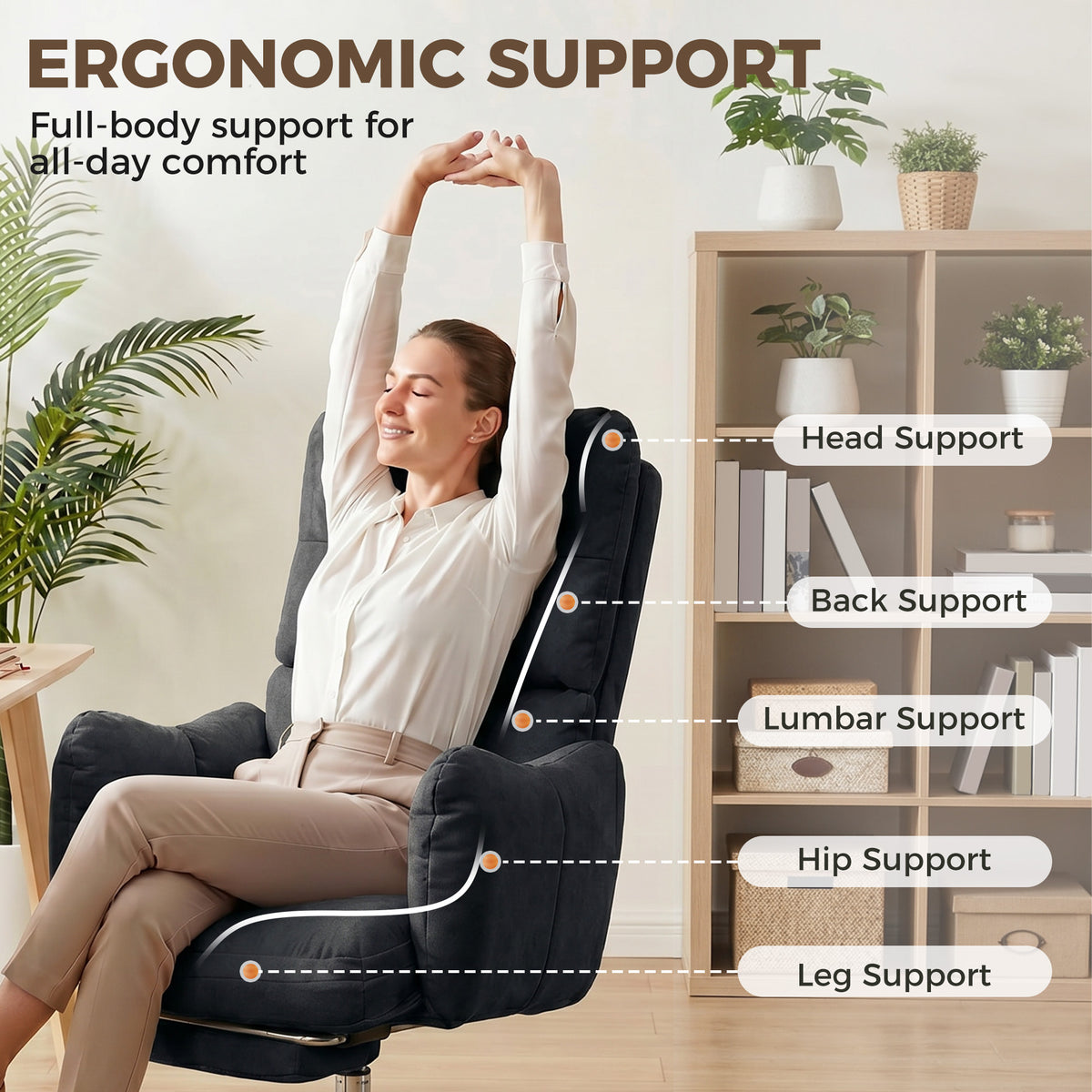 Office Chair with Foot Rest, Ergonomic Reclining Computer Gaming Chair with Snow Flannel Fabric, Thick Cushion, Padded Armrest, High Back and Adjustable Height, Black