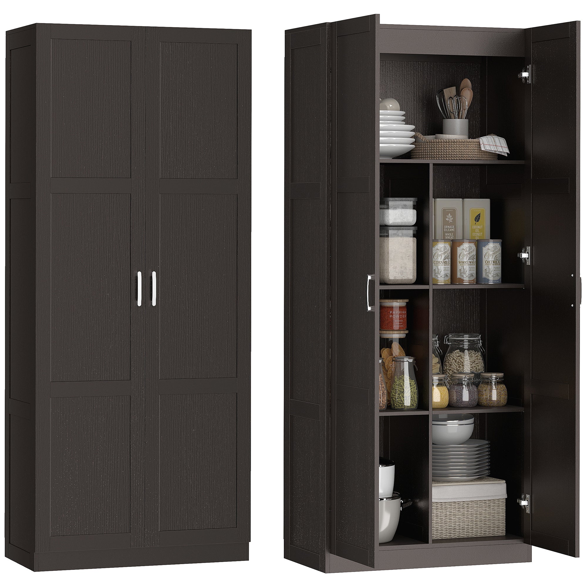 71" Tall Kitchen Pantry Cabinet with Soft-Close Hinges, Modern Farmhouse Freestanding Pantry Storage Cabinet with 2 Framed Doors, 4 Adjustable Shelves, Dark Brown
