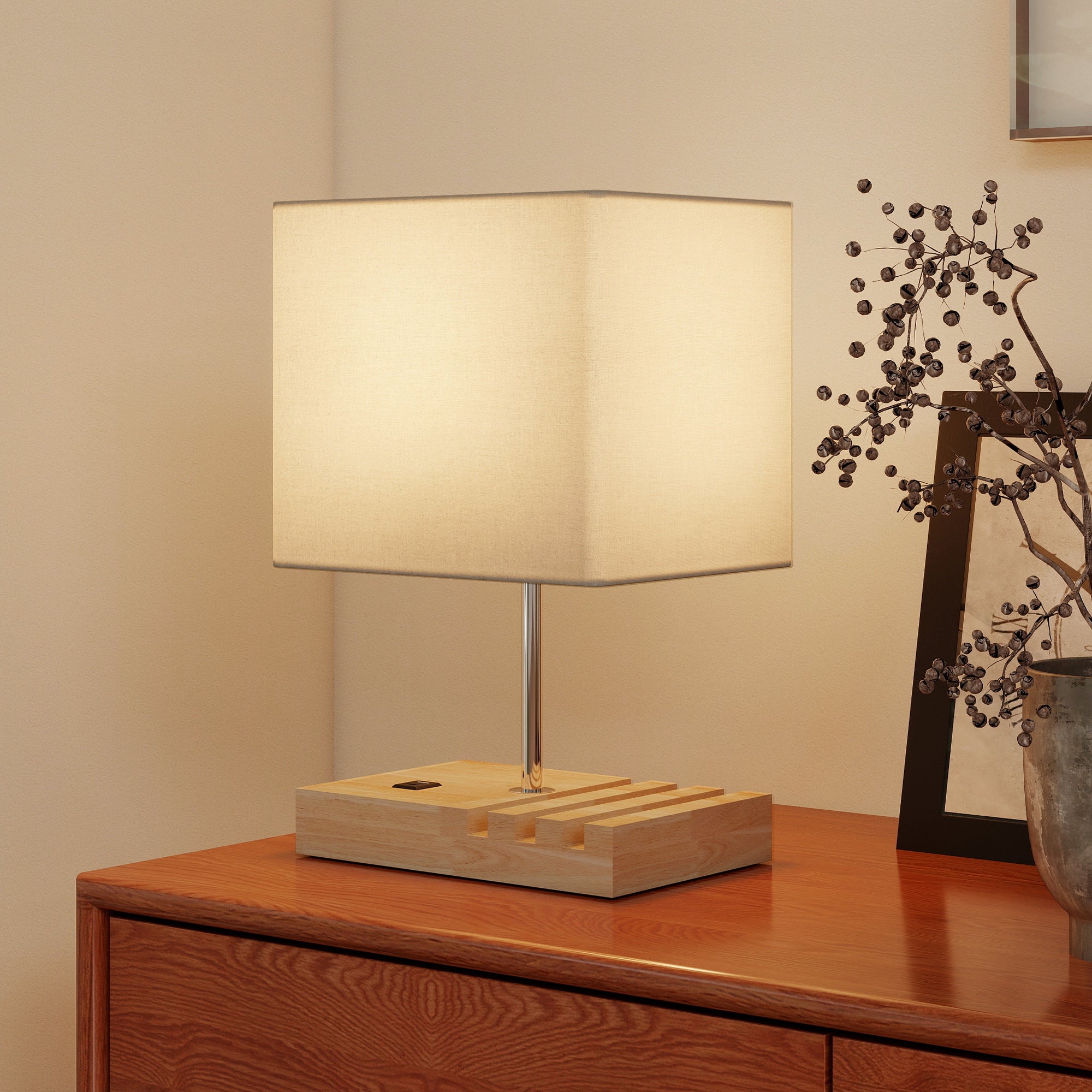 Bedside Lamp with USB A+C Charging Ports and 3 Phone Stands, Modern Table Lamp with Solid Wood Base and Fabric Shade for Bedroom Living Room Office, E27 Socket, Bulb Not Included, White