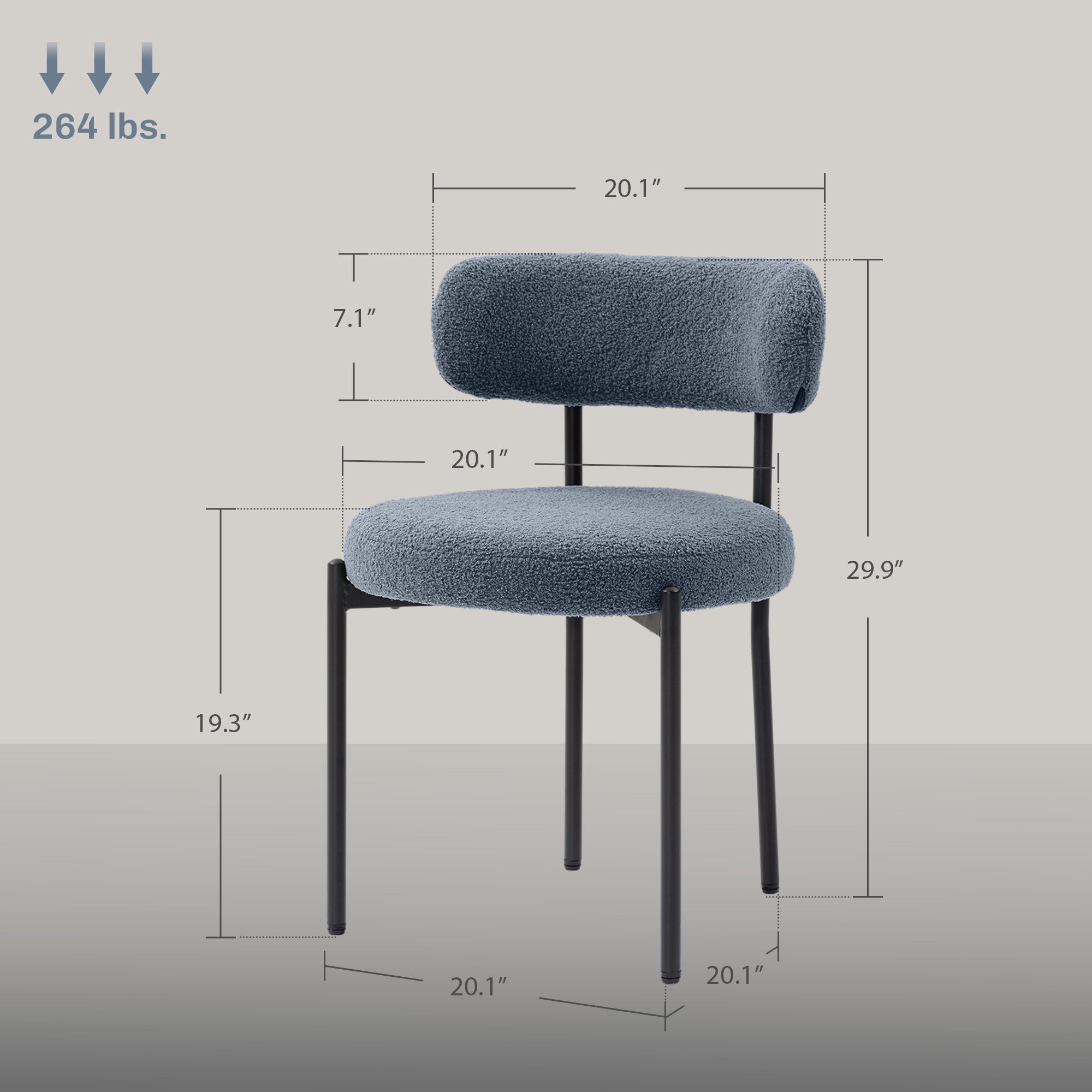 Boucle Dining Chairs Set of 4, Round Modern Upholstered Kitchen Chairs with Curved Backrest, Thick Cushion and Steel Legs for Dining Room, Gray