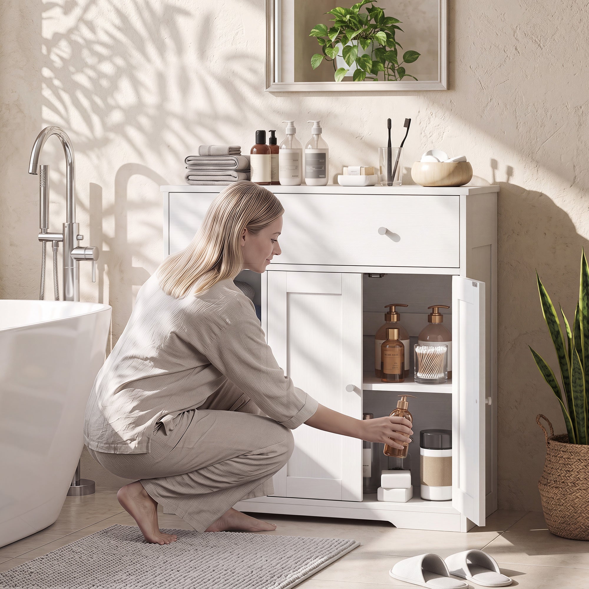 Bathroom Floor Cabinet, Freestanding Bathroom Cabinet with Drawer, Door, Open Shelves, for Bathroom, Bedroom and Living Room, White