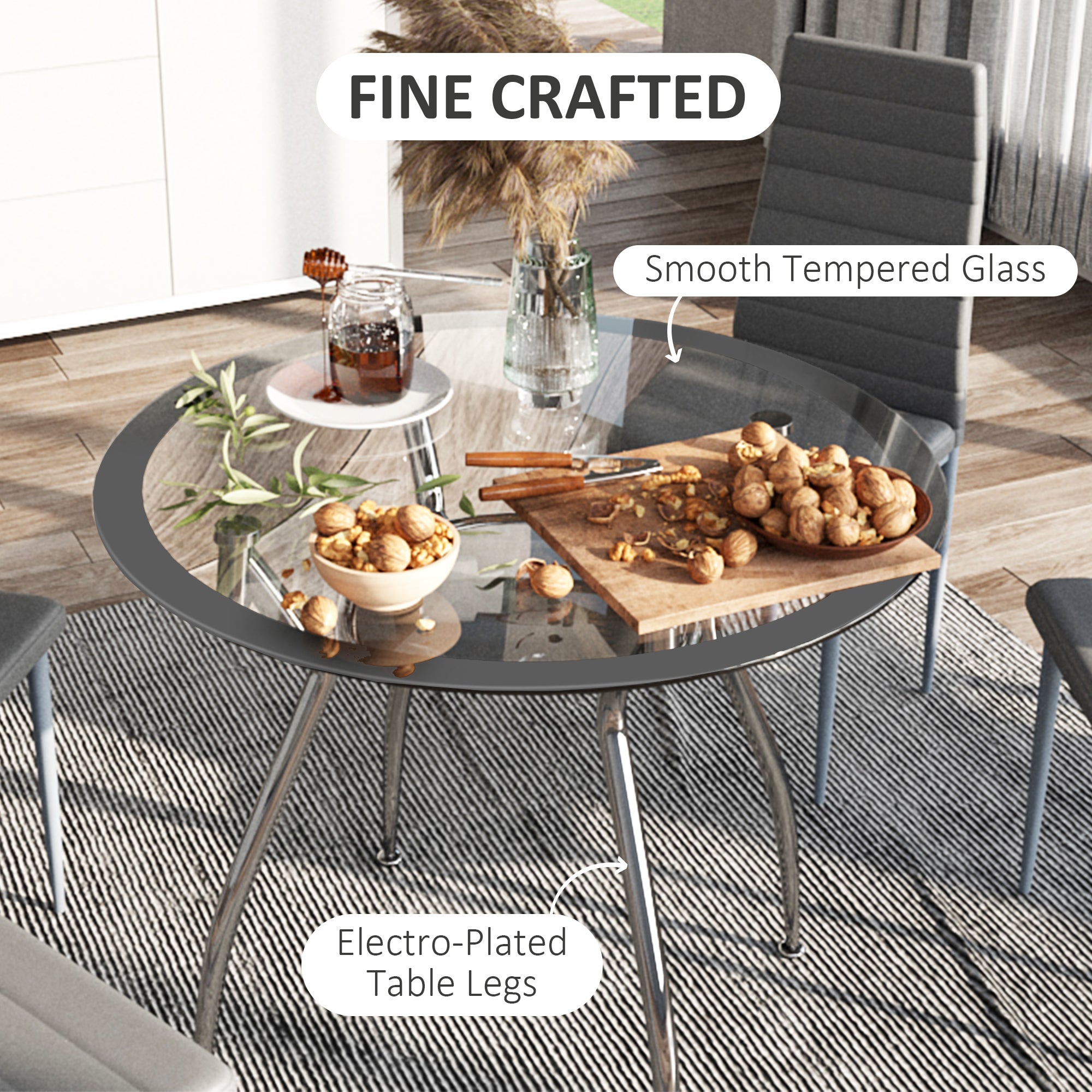 HOMCOM Dining Table and Chairs Set for 4, 5 Piece Round Kitchen Table and Chairs with Glass Top, Shelf and High Back, Space-Saving Table and Upholstered Chairs for Small Spaces, Grey
