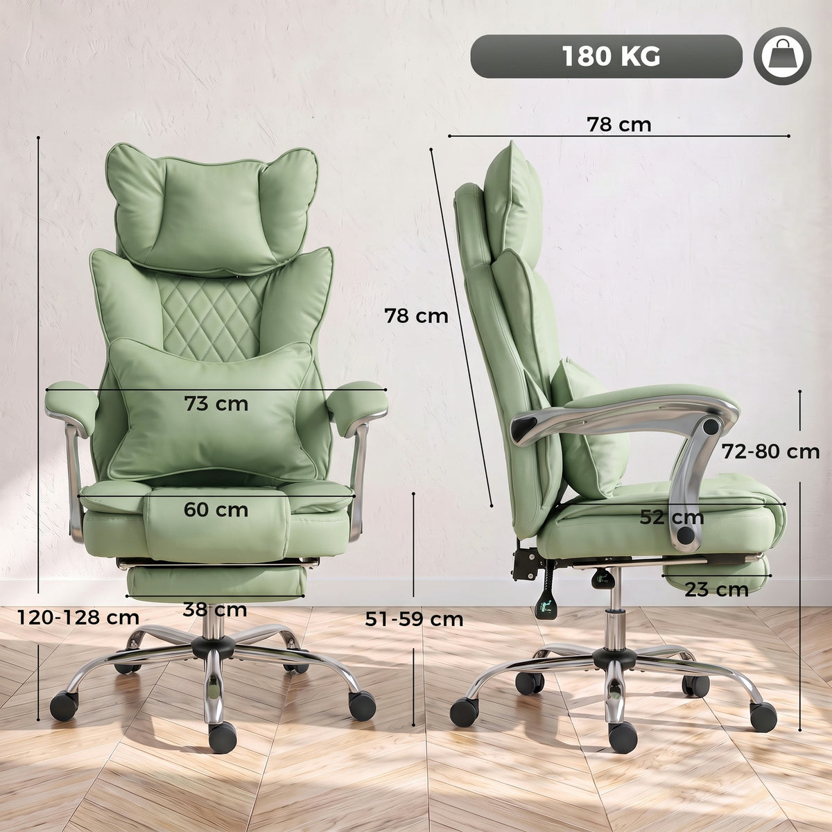 Executive Office Chair, 180kg Big and Tall PU Leather Desk Chair with Adjustable Headrest, Lumbar Support, Wide Seat, Reclining Back, Footrest, Swivel Wheels, Light Green