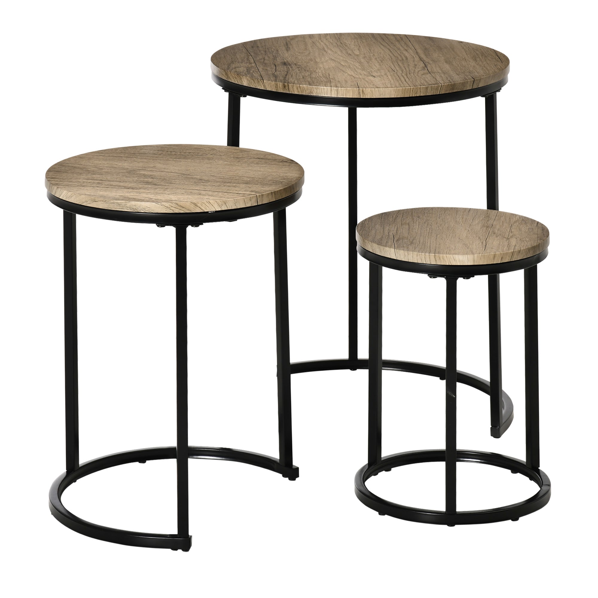 HOMCOM Nesting Tables Set of 3, Round Coffee Table, Modern Stacking Side Tables with Wood Grain Steel Frame for Living Room, Grey-green Wood Grain