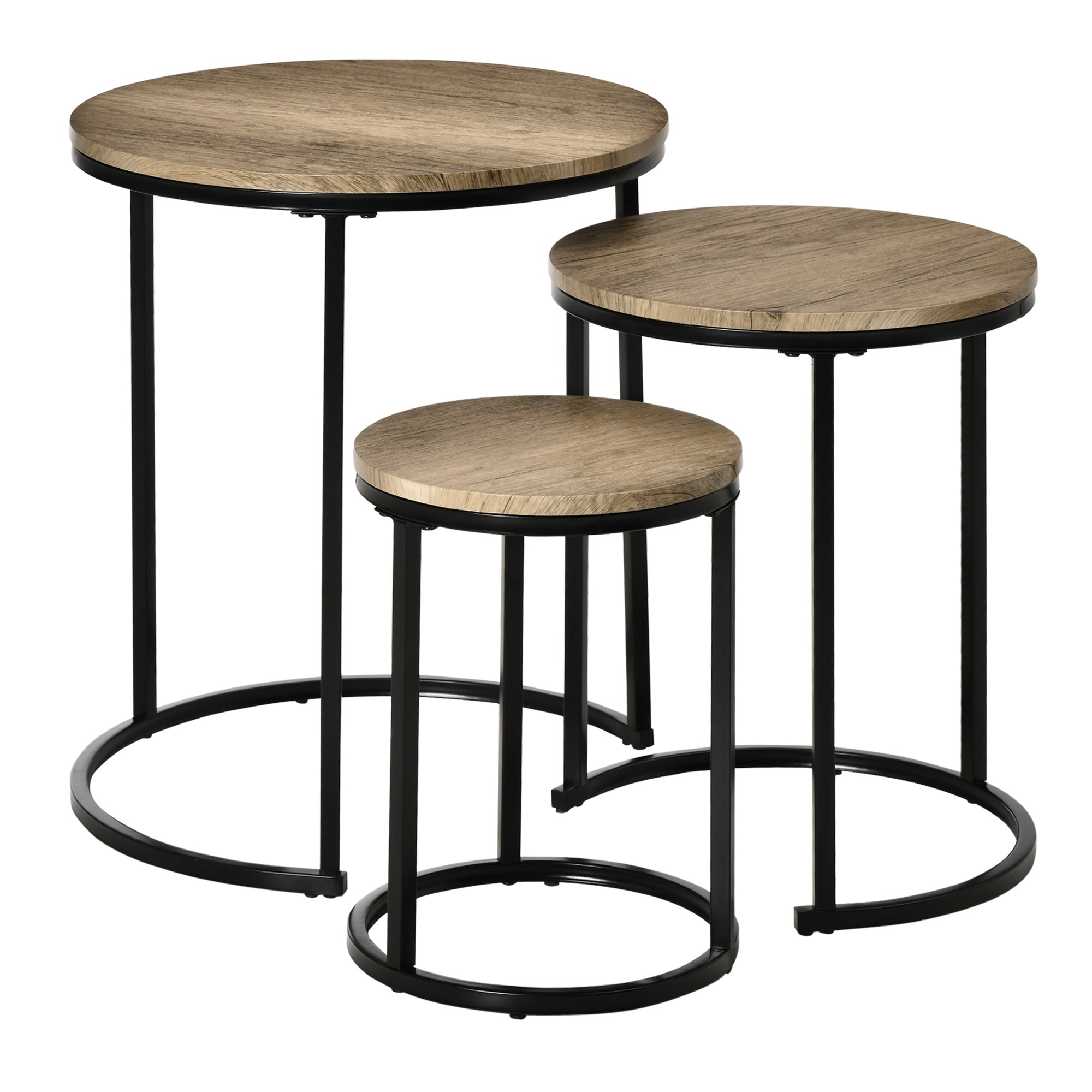 HOMCOM Nesting Tables Set of 3, Round Coffee Table, Modern Stacking Side Tables with Wood Grain Steel Frame for Living Room, Grey-green Wood Grain